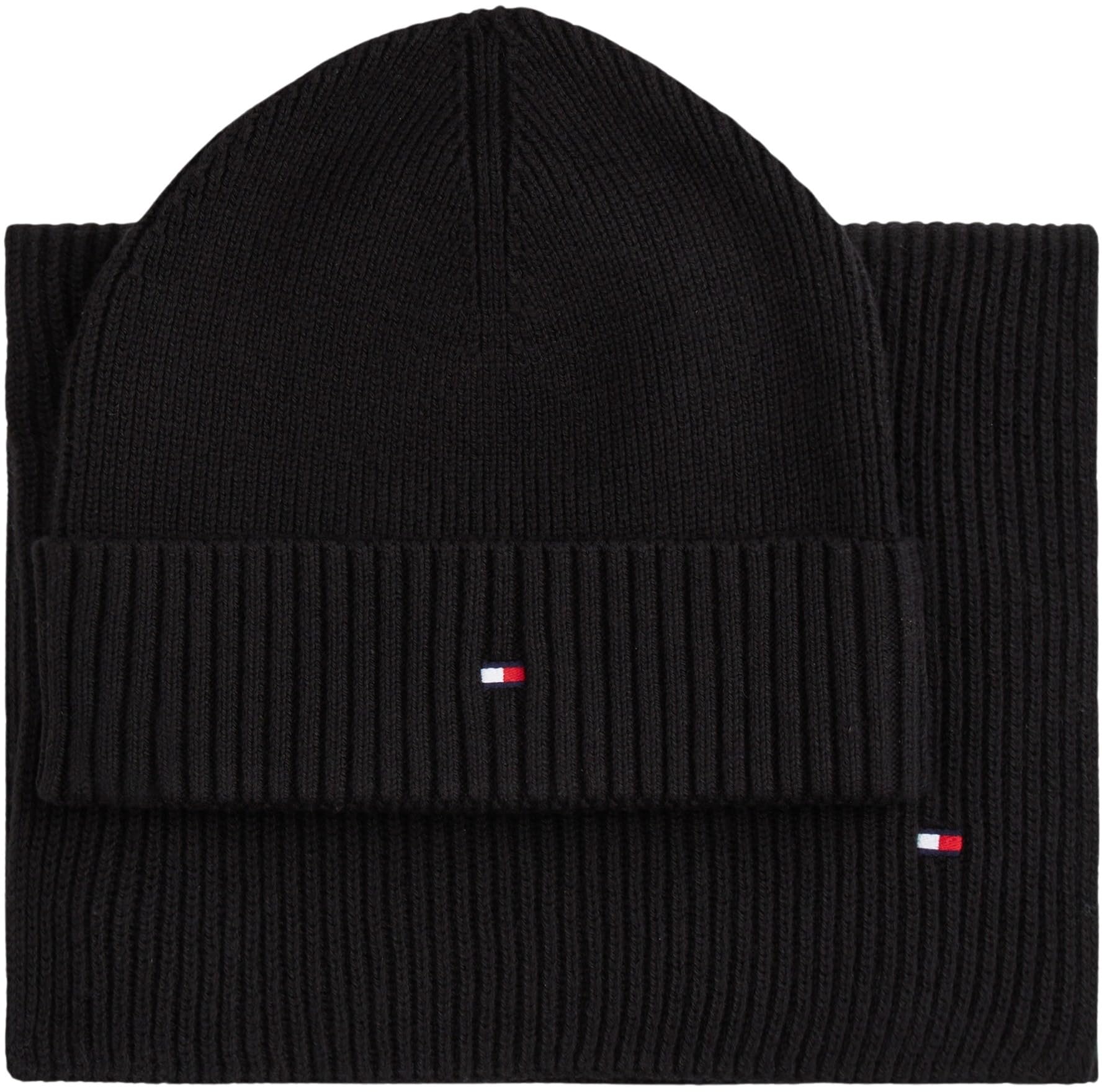 Tommy Hilfiger Men's Black Accessories, One Size, Flag Beanie And Scarf Gift Set