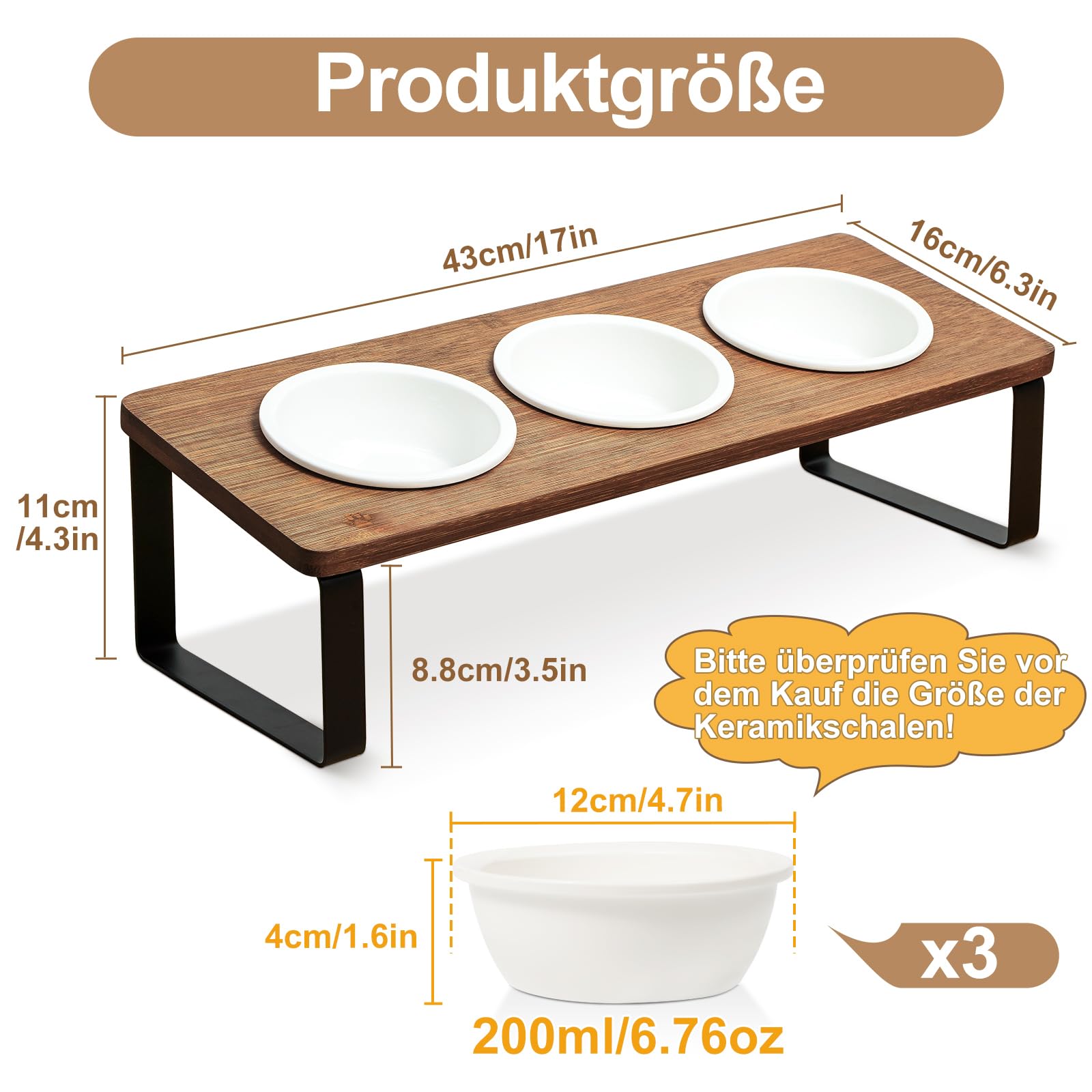 GUUSII HOME Katzennapf Erhöht Futternapf Katze Futterstation, Keramik Napf, Fressnapf 3er Set Holz, Cat Bowl Ø12cm Ergonomischer Katzennäpfe 3 Teilig Katzenfressnapf (Braun)