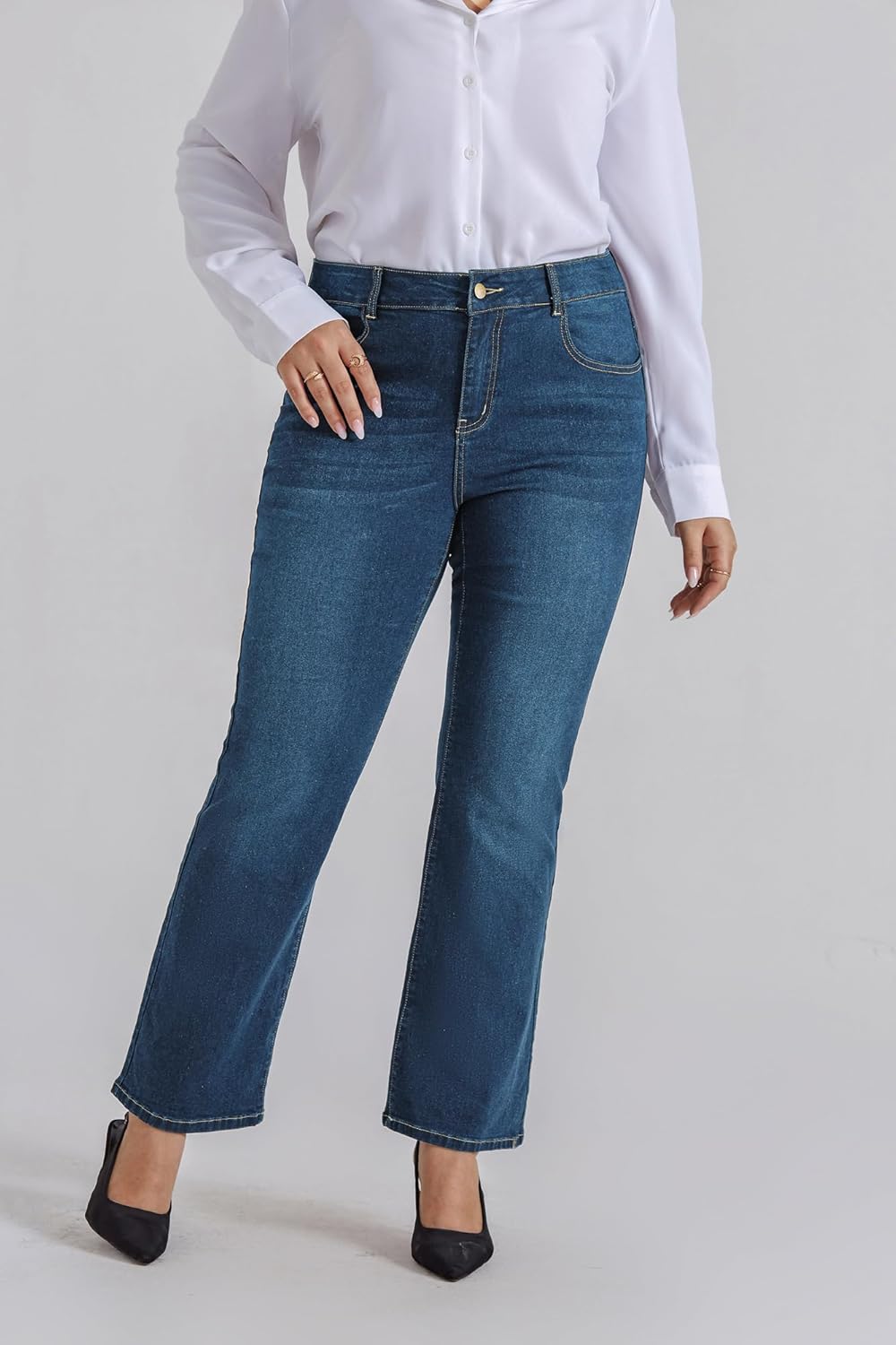 Hanna Nikole Women's Plus Size Wide Flared Jeans High Waisted Stretchy Bell Bottom Denim Jeans (Standard and Plus) - Image 3