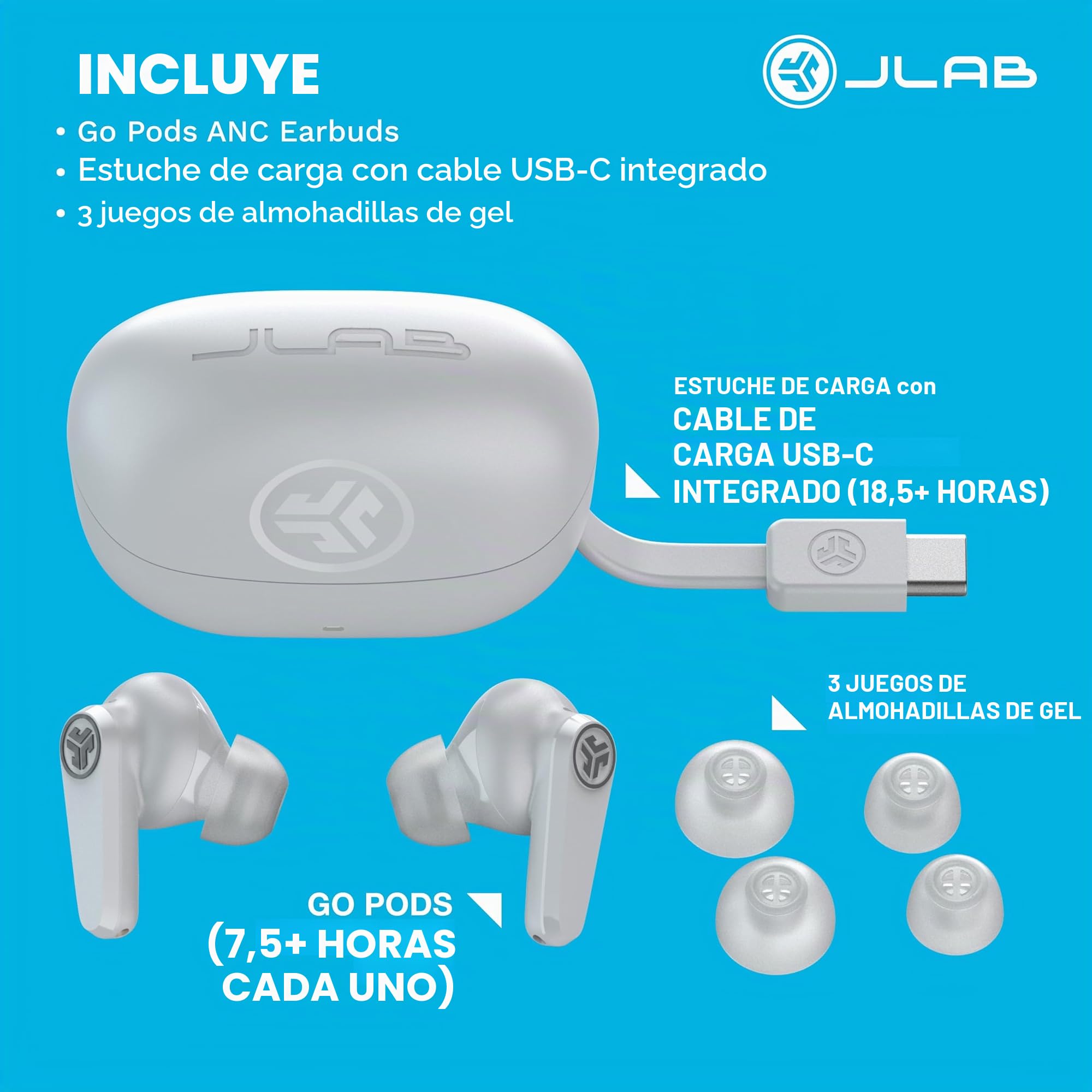 JLab Go Pods ANC Auriculares Bluetooth - Cancelación Ruido, Blanco | Cancelación activa de Ruido Híbrida, Autonomía 26h+, Llamadas Claras, Multipunto, Modo Ambiente, IP55, Audio con App