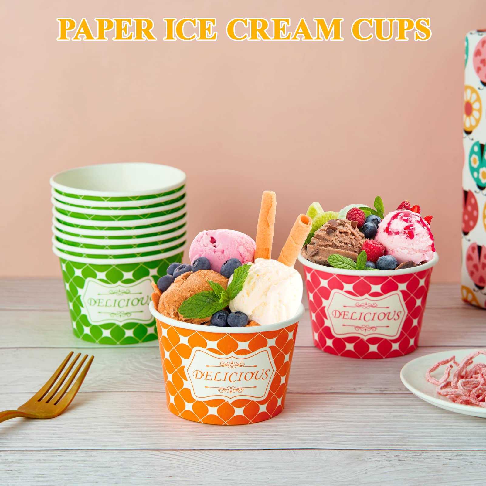 150 Pack 8oz Paper Cups, Paper Soup Cups for Cold and Hot Foods, Disposable Dessert Cups, Paper Ice Cream Cups, Three Color Paper Snack Cups for Ice Cream, Hot Soup, Snacks, and Fruits.