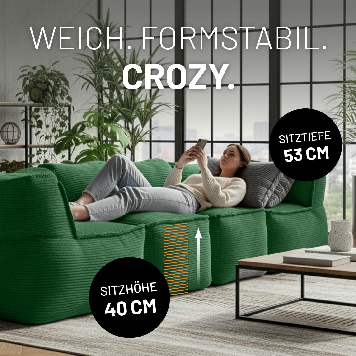 LUMALAND Modular Sitzsack Mitte Cord 200 L für Modulares Sofa | ideales Match mit Sessel & Pouf | EPS Perlen Bean Bag mit Füllung | Indoor Lounge Sitzkissen waschbar für Wohnzimmer, Schlafzimmer & Co.