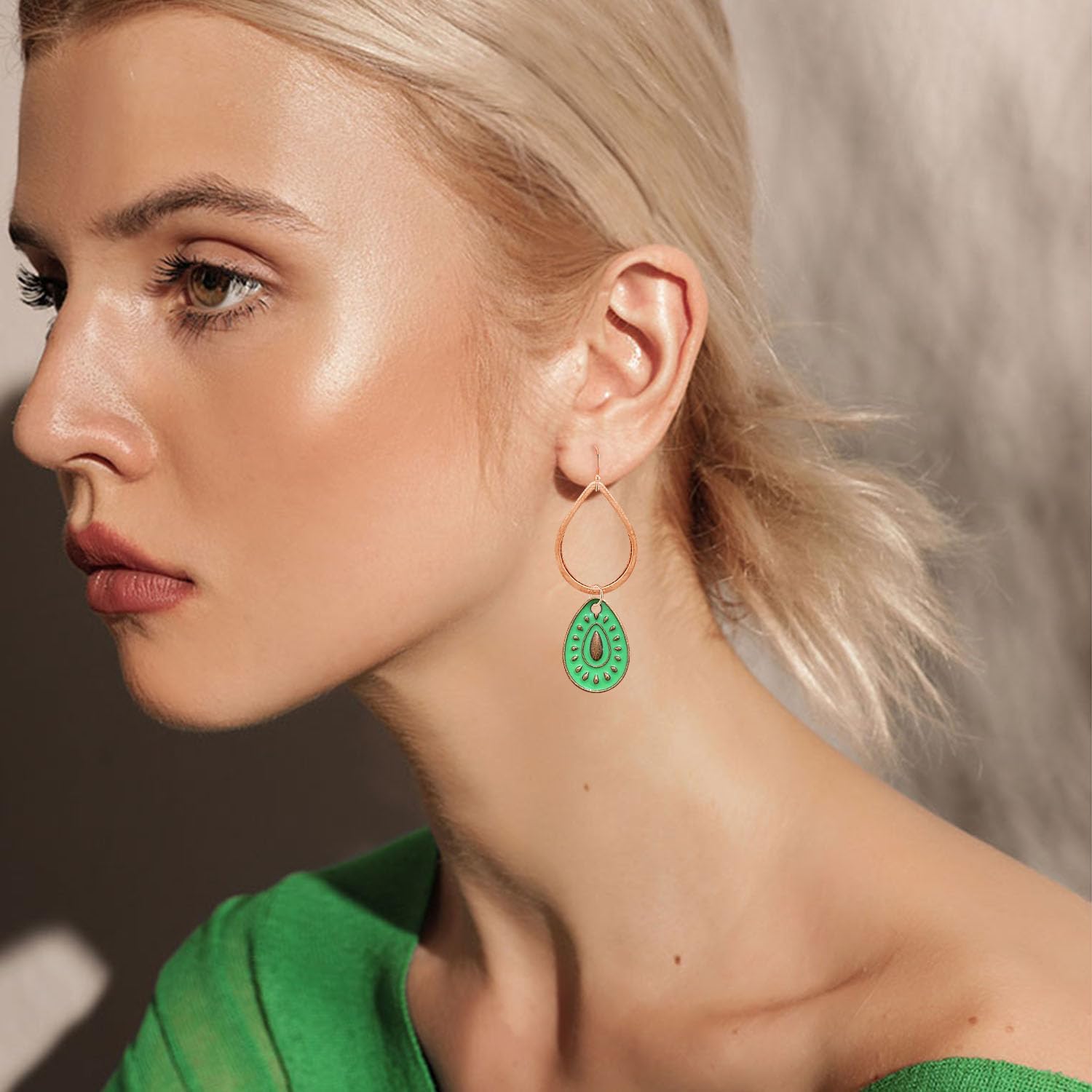 Bohemian Handmade Vintage Copper Green Enamel Teardrop Geometry Dangle Drop Earrings For Women - Image 4