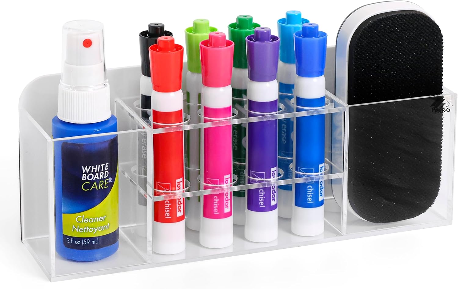 Strong Magnetic Dry Erase Marker Holder for Whiteboard, 8-Slot Acrylic Pen Organizer with Glass and Wall Mount Accessories for Fridge, Office, and Classroom. Markers, Eraser, Cleaner Not Included