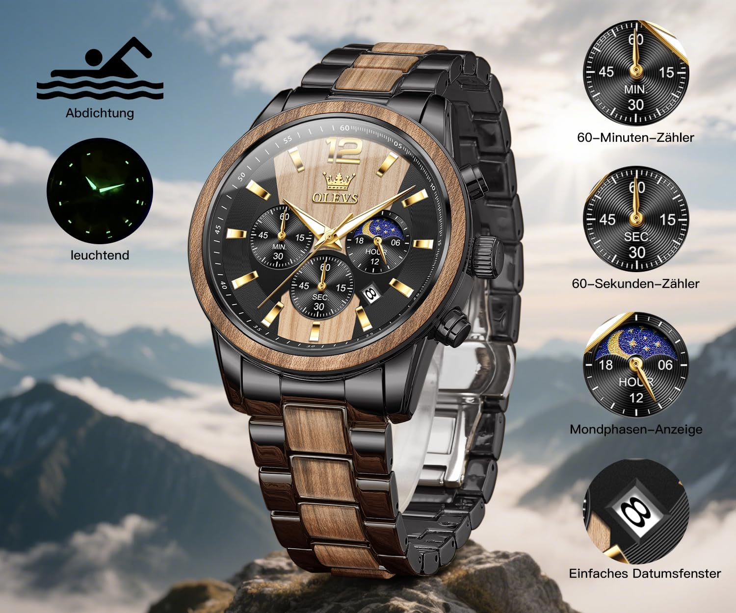 OLEVS Uhr Herren Automatik, Automatik Uhr Herren mit Mondphasenanzeige & Offenem Herzwerk, wasserdichte Herrenuhr Automatik Edelstahl, Uhren Herren für Alltag & Feierlichkeiten