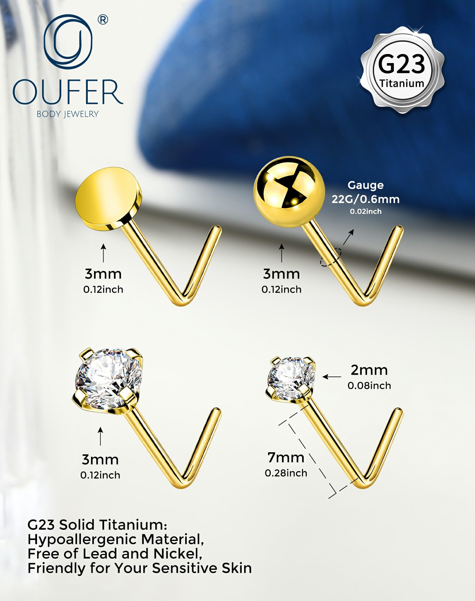 OUFER Body Piercing Nose Studs: 5PCS 20G Titanium Nose Bar L Shaped Nose Rings, 6 mm Gold Nostril Piercing Jewelry Cubic Diamond Thin Body Jewellery for Women - 2