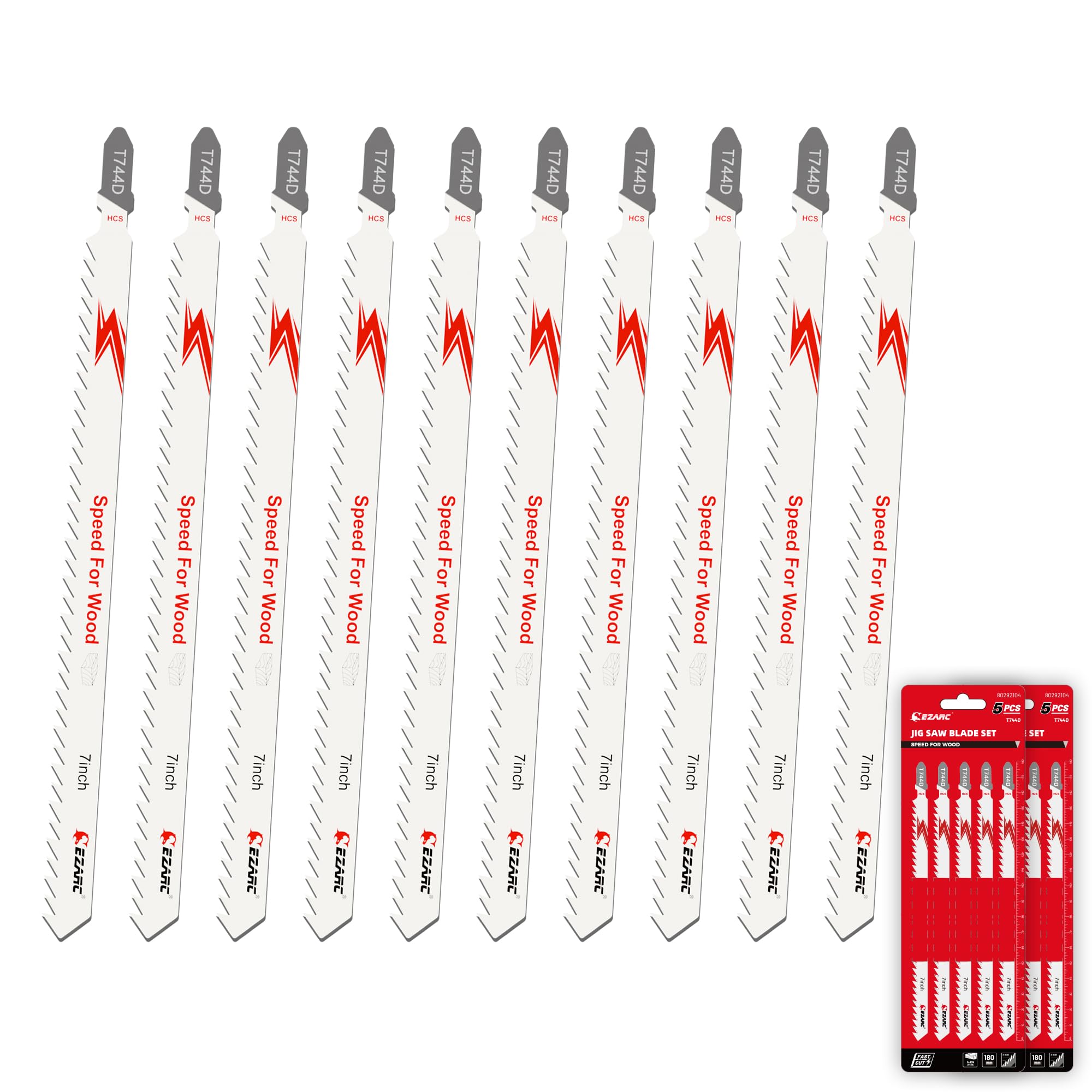 EZARC 10PCS Jigsaw Blades T744D 7 inch Extra Long Jig Saw Blades Set for Wood Fast Cutting Assorted T-Shank Replacement 6 TPI Curved & Scrolling Cutting