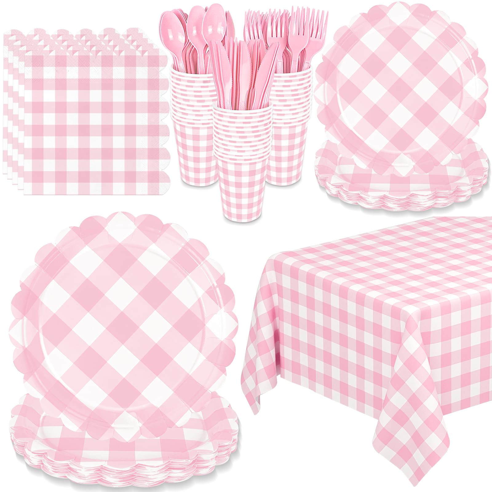 WNINK 176 PCS Light Pink Gingham Plates and Napkins, Pink Checkered Disposable Plates Set with Napkins Cups Plastic Spoons Forks Knives for Dinner Birthday Baby Shower Wedding Supplies Serve 25 Guests