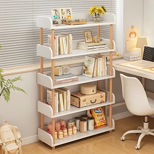 Miniatura 7 de Estantería abierta de madera de 5 niveles, estantería moderna con paneles en laterales de estantes y marco de madera maciza, para hogar u oficina,