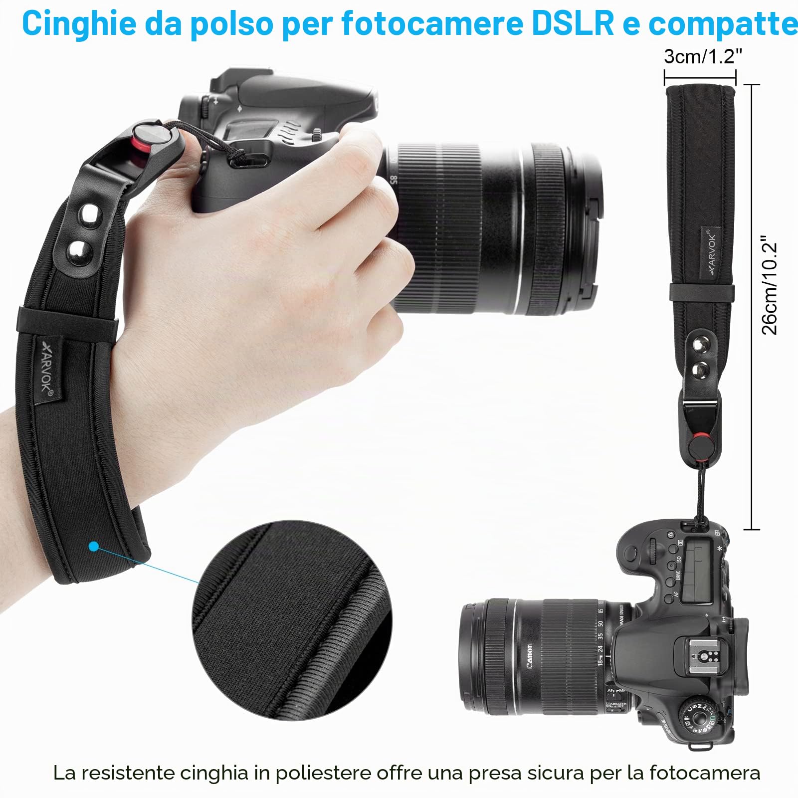 Arvok Tracolla Macchina Fotografica, Set di Tracolla Fotocamera e Cinturino da Polso, Cinghie per Fotocamera con Sgancio Rapido e Cordino di Sicurezza, Regolabile Tracolla per DSLR/SLR Fotocamera