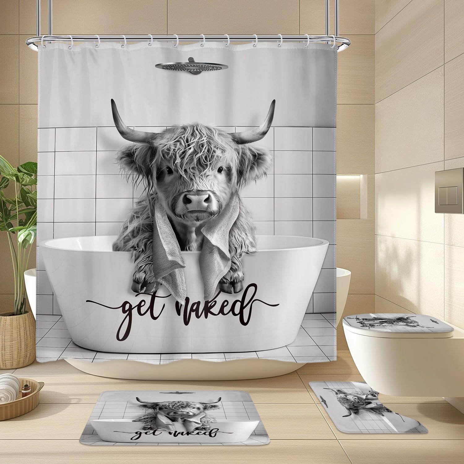 Funny Highland Cow Shower Curtain Set - Western Bathroom Decor -3