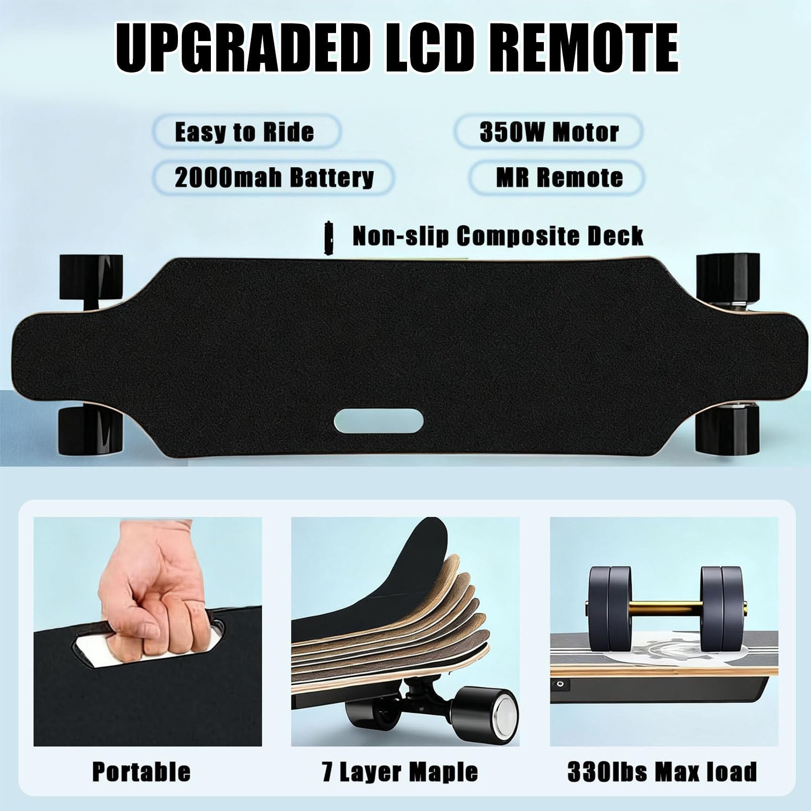 Skateboard électrique avec télécommande, longboard de 350 W pour adultes et débutants, portée de 15 km, vitesse maximale de 25 km/h, design léger, roues tout-terrain en polyuréthane