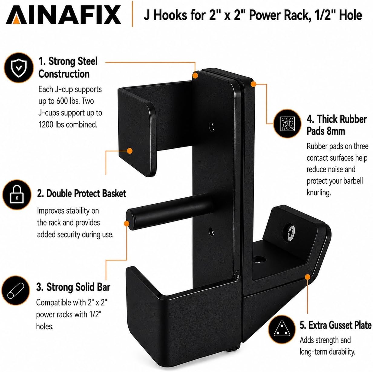 J Hooks for 2" x 2" Power Rack, Rubber Pad J-Hook for Power Cage, Bottom Reinforced Steel J Cups for Squat Rack, Heavy Duty Barbell Holder, Black