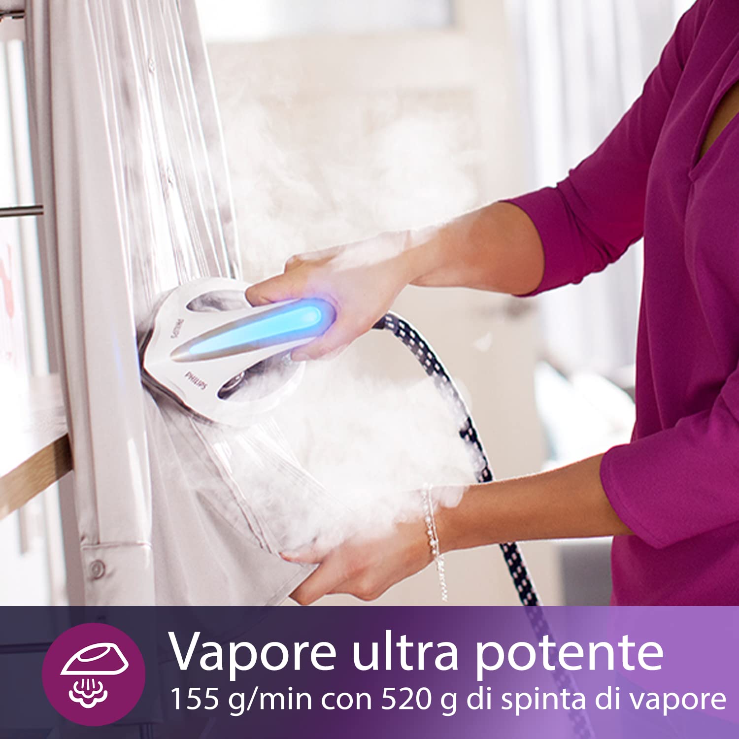 Philips PerfectCare Elite Ferro da stiro a Vapore - 2700W, 520 g Steam Boost, 7.5 Bar, Tecnologia OptimalTEMP, Modalità ECO, T-ionic Glide, Bianco/Blu (GC9635/20)