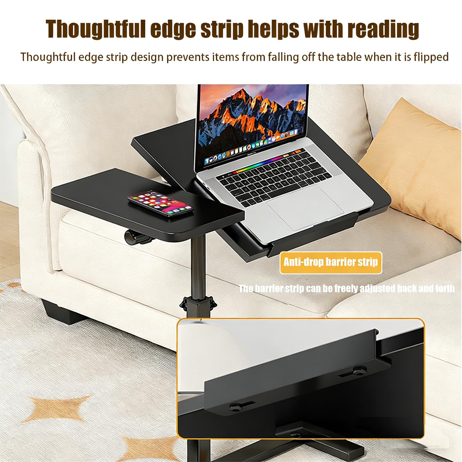 Tavolino Servitore Letto,Tavolo Per Letto Regolabile Con Ruote Nascoste, 60x40 Cm, Adatto Per Scrivania, Divano o Letto, Supporto Per Laptop Con Altezza e Angolo Regolabili, nero