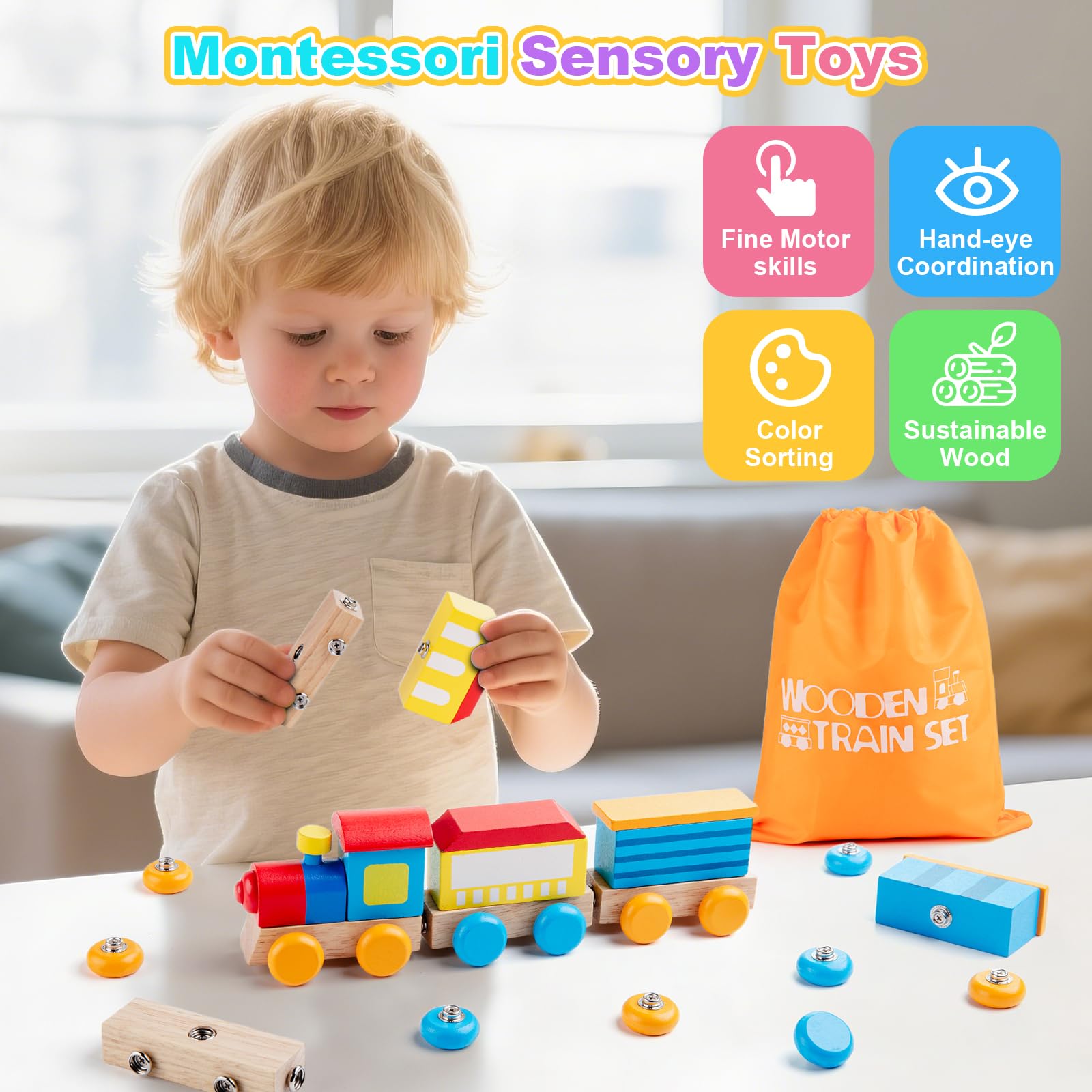 SEMKOTREE Blocchi Giochi Montessori 3 Anni, Costruzioni per Bambini Giochi Educativi con Bottoni, Sensoriali Attrezzi Giocattolo Bambini, Legno Regalo Bambino 3 4 5 6 Anni