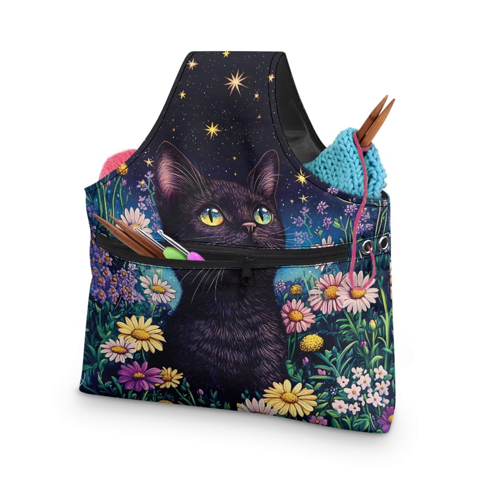 ASQVTIFE Starry Night Cat Yarn Storage Knitting Bags Store Skein Ball Cute Yarn Holder Knitting Bag,Crochet Bags for Women Knitting Needles with Front Zipper Pocket Large Crochet Bags for Big Yarn