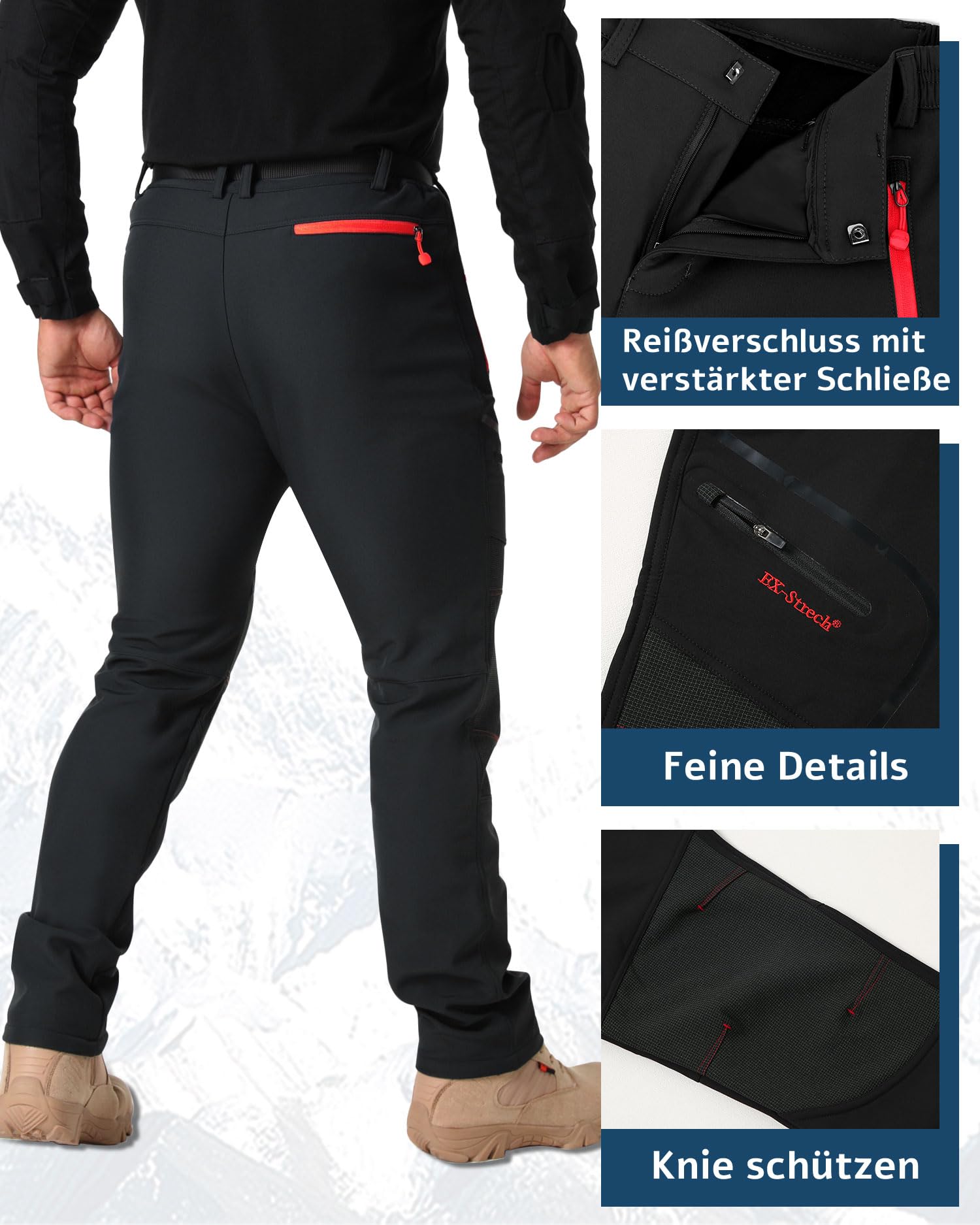 SANMIO Pantalones Trekking Hombre Pantalon de Trabajo Termicos Montaña Escalada Senderismo Esqui Softshell Invierno Polar Forrado Aire Libre Negro con vellón XXL
