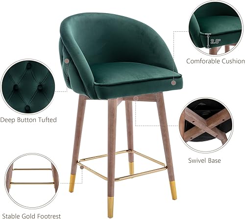 Miniatura 4 de ZHENGHAO Juego de 2 taburetes de bar giratorios, sillas de bar de terciopelo de 26 pulgadas con patas de madera, silla de comedor tapizada para