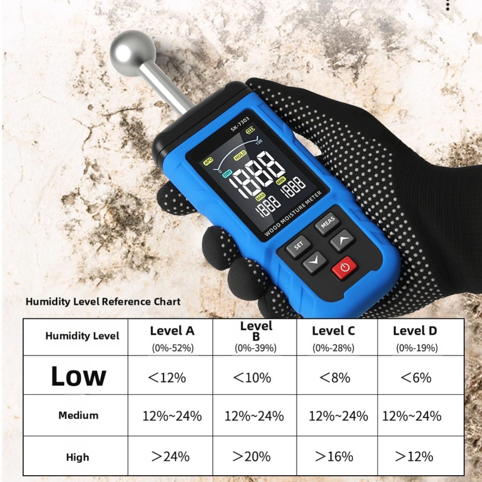 Medidor de humedad, madera no destructiva y probador de humedad de pared con alto para la inspección de edificios, herramienta de inducción digital portátil para contratistas