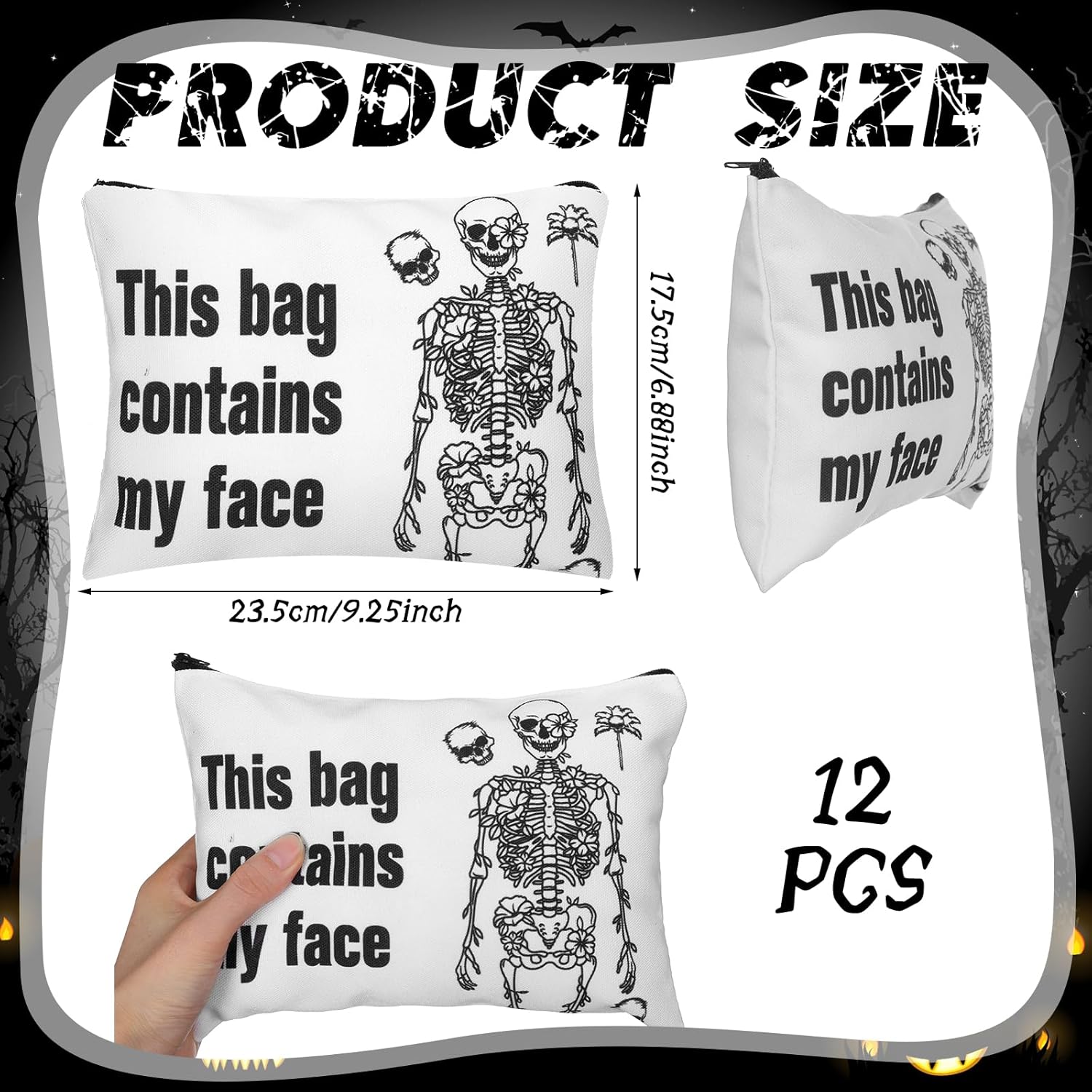 Kajaia 12 Pcs Gothic Makeup Bags for Women Skeleton Witchy Spooky Gift Portable Makeup Purse with Zipper Toiletry Pocket Travel Pouch Organizer Make up Brush Cosmetic Bags Halloween Party Favors