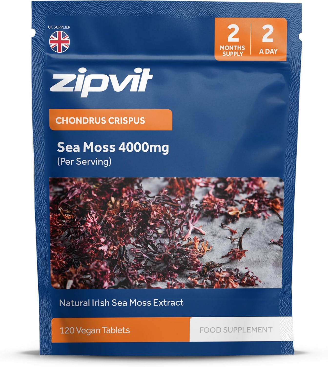 Zipvit Irish Sea Moss 4000mg, 120 Vegan Tablets, High Strength Superfood, Naturally Rich in Minerals, 2 Month Supply, Responsibly Sourced Seaweed, Eco Friendly Pouch