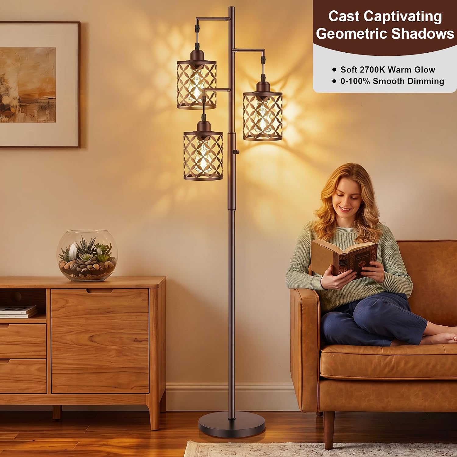 72" Industrial Tree Floor Lamp, Dimmable Farmhouse Tall Standing Lamp with Quatrefoil Cutout Shades & Rotary Dimmer Knob, Corner Light for Living Room Bedroom, 3 x800LM Bulbs Included-Brown image 2
