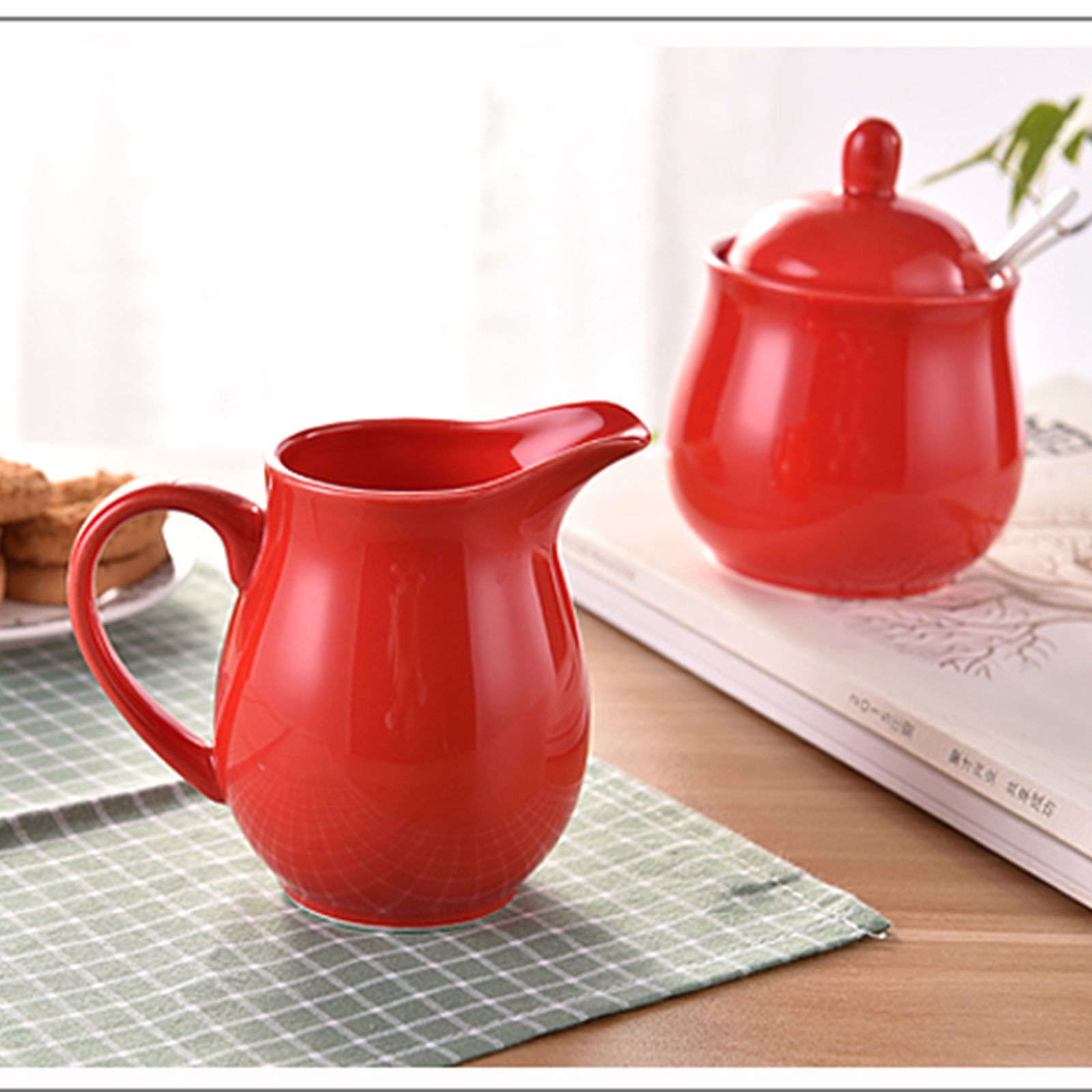 Pojemnik na cukier do kawy podwieczorek śniadaniowy, ceramiczna cukiernica, z pokrywką i dzbankiem mleko, mlecznik zestawy cukru, dzbanek, dekoracja f(Red,Milk Jug)