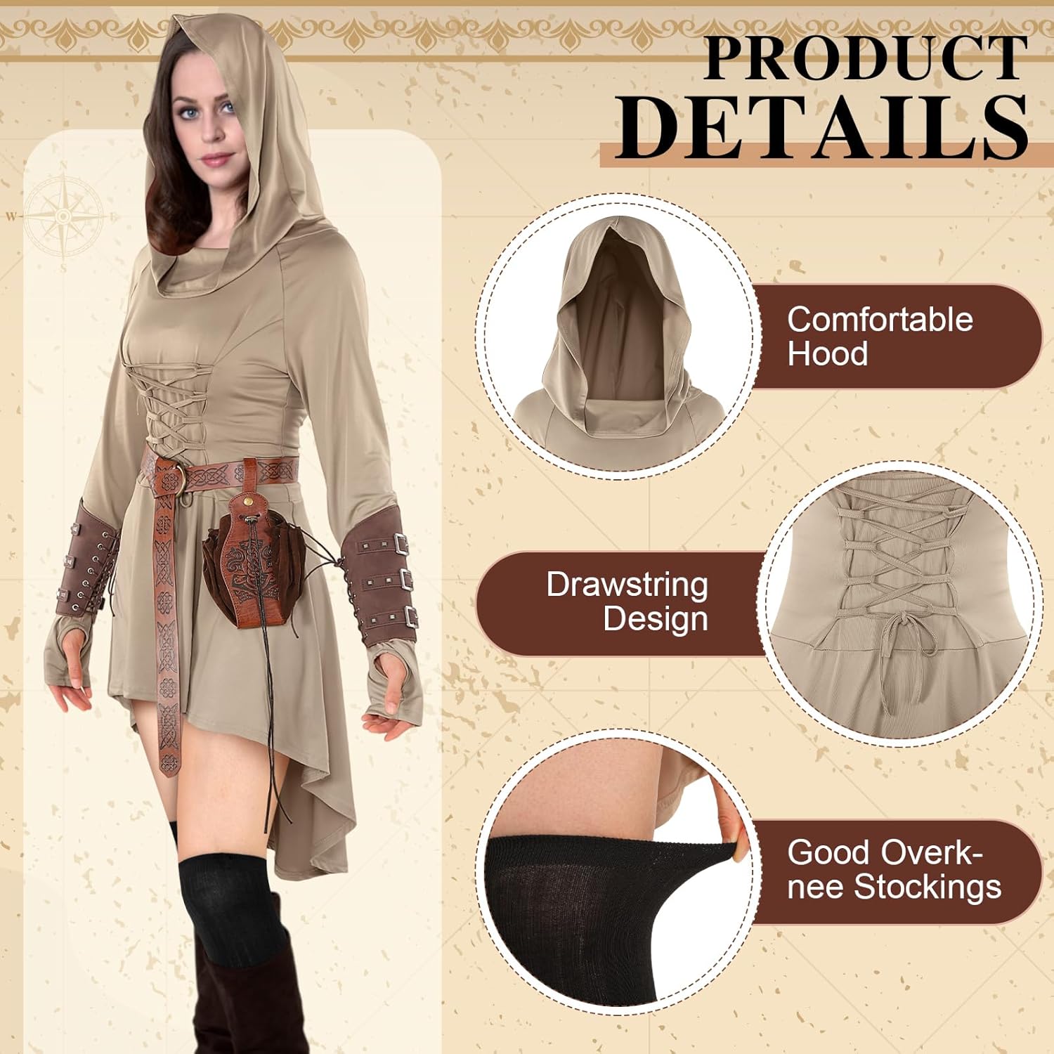 Suhine 5 Pcs Renaissance Women Costume Medieval Hooded Robe Carnival Vintage Faux Leather Arm Pouch Belt for Cosplay Party