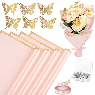 20 Sheets Flower Wrapping Paper, Pink Flower Wrapping Paper Bouquet Kit with 100 Pcs Diamond Bouquet Pins 60 Pcs 3D Gold Butterflies 1Roll Ribbon for DIY Craft Flower Wrapping Gift Packaging