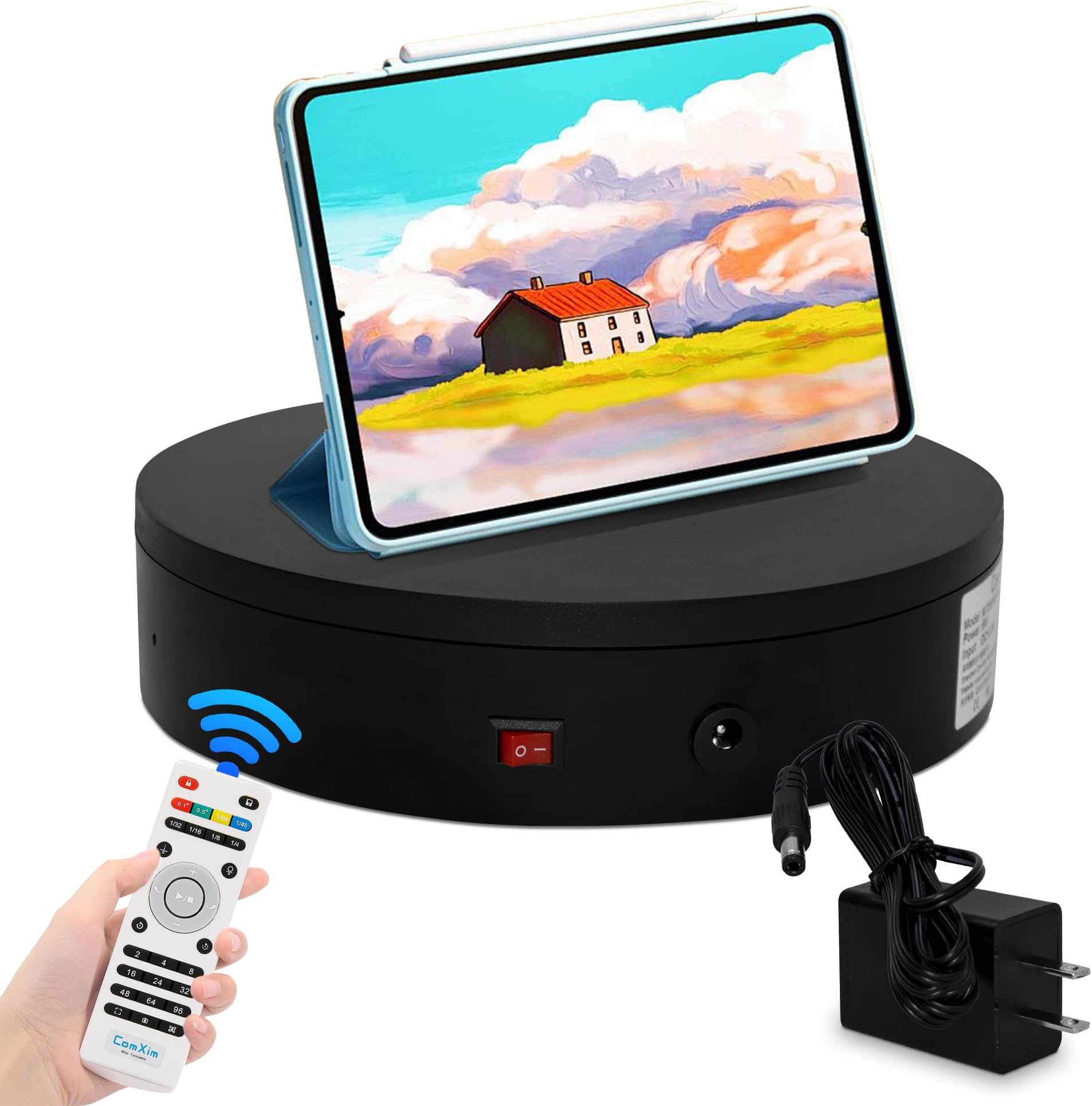 360 Degree Black Rotating Display Stand, Automatic Rotating Turntable for Photography Products and Display，Angle, Speed, Direction Controlled by Remote Control,7.87in, Load-Bearing 44lbs