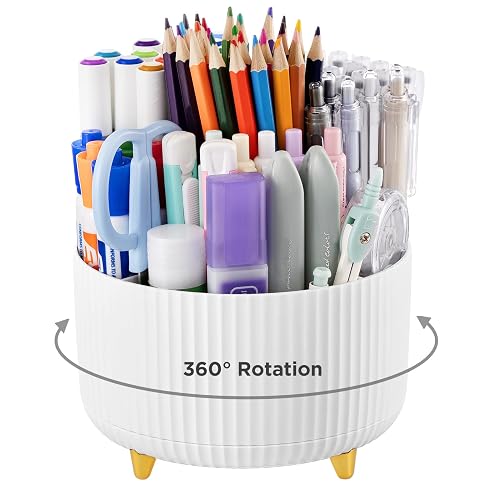 HBlife Pencil Pen Holder for Desk, 5 Slots 360° Degree Rotating Desk Organizers and Accessories, Desktop Storage Stationery Supplies Cute Pencil Cup Pot for Office, School, Home, Art Supply, White - White (5 Compartments)