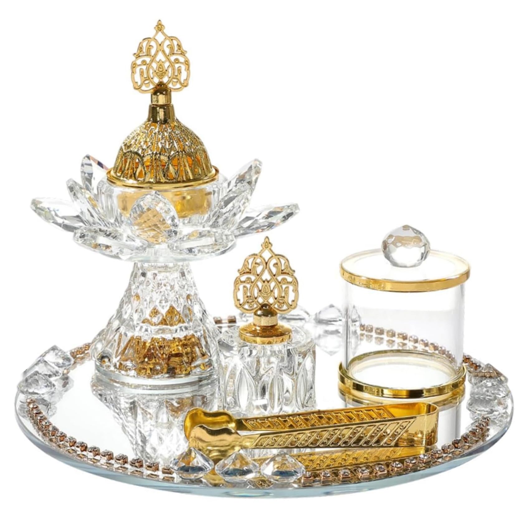 Porte-encens en verre avec plateau miroir et brûleur lotus | 5 pièces