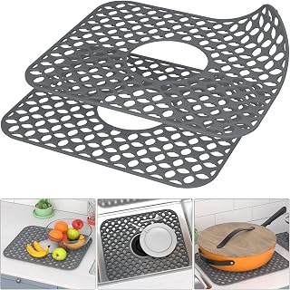 Kitchen Sink Mats, TOOVEM 2PCS Non-Slip Heat Resistant Silicone Sink Protector Mat for Bottom of Stainless Steel Porcelain Sink, Folding Farmhouse Rear Drain Sink Mats, Center Drain