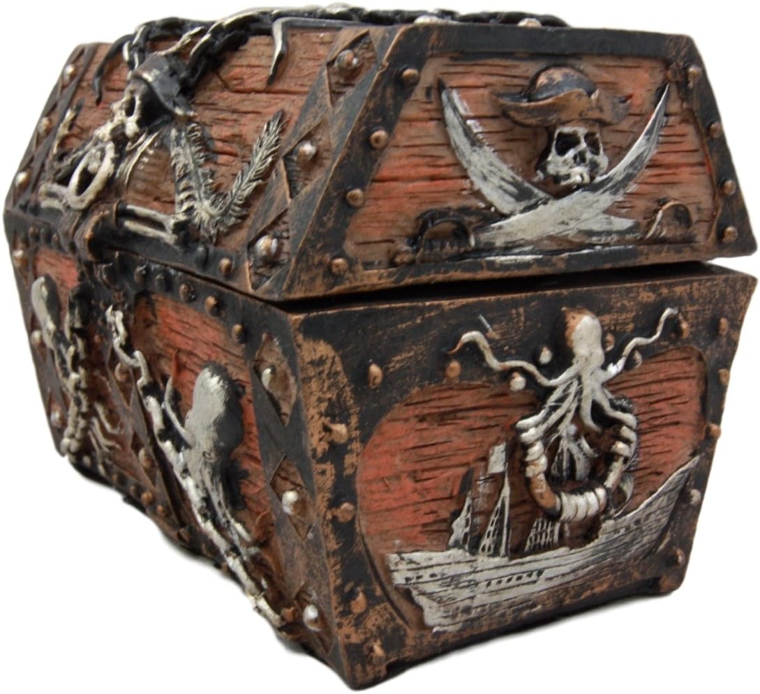 Ebros Gift Caribbean Kraken Octopus Pirate Haunted Chained Skull Decorative Treasure Chest Box Jewelry Box Figurine 5"Long Nautical Coastal Ocean Decor