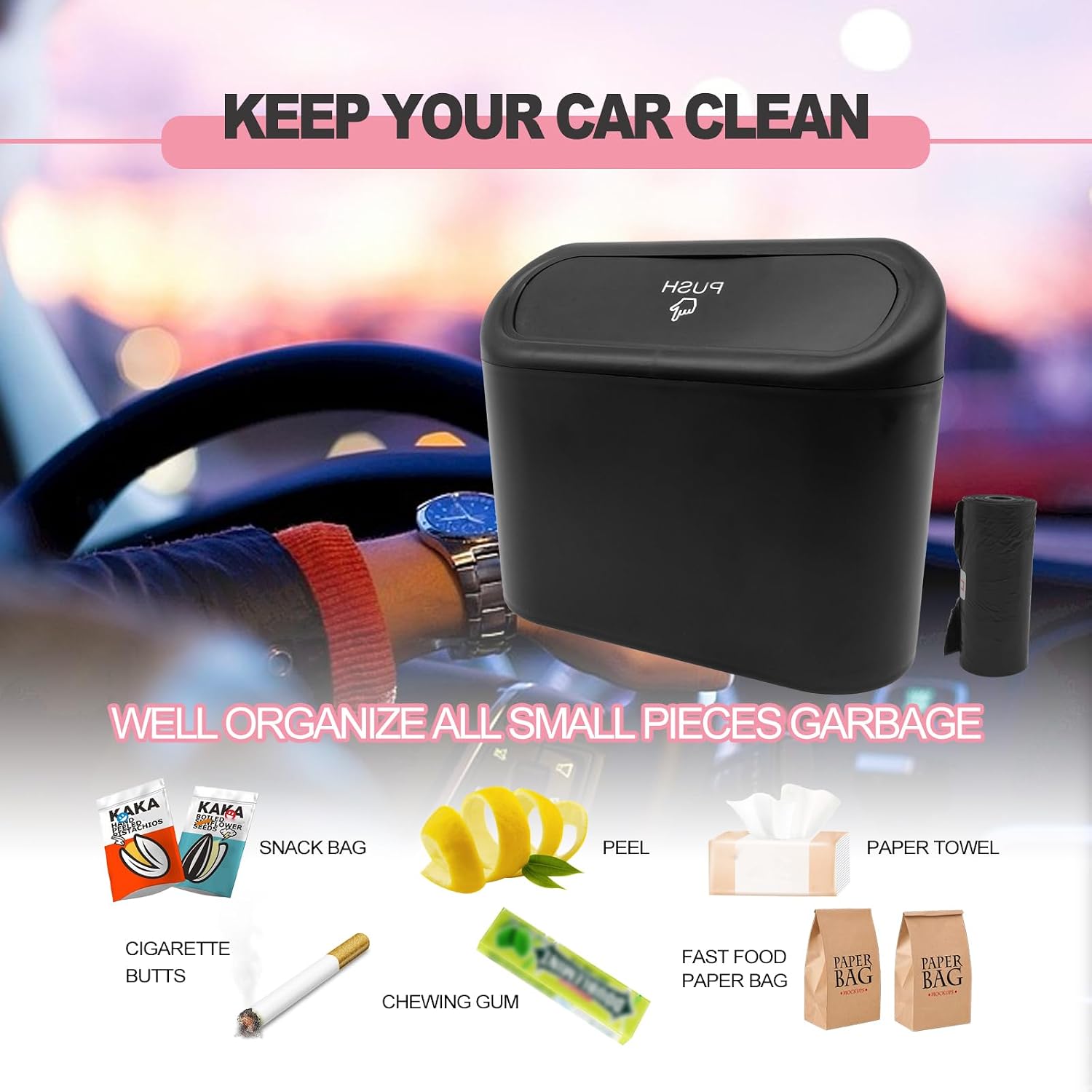 Car Trash Can with Lid Leakproof Mini Vehicle Trash Bin and One Roll Plastic Trash Bag Automotive Garbage Container Bin for Vehicle Home Office (Black)