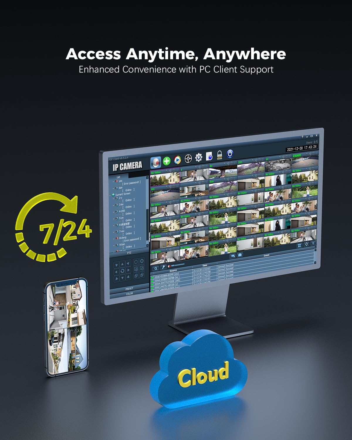 Computer monitor and smartphone displaying live camera feeds with a cloud icon