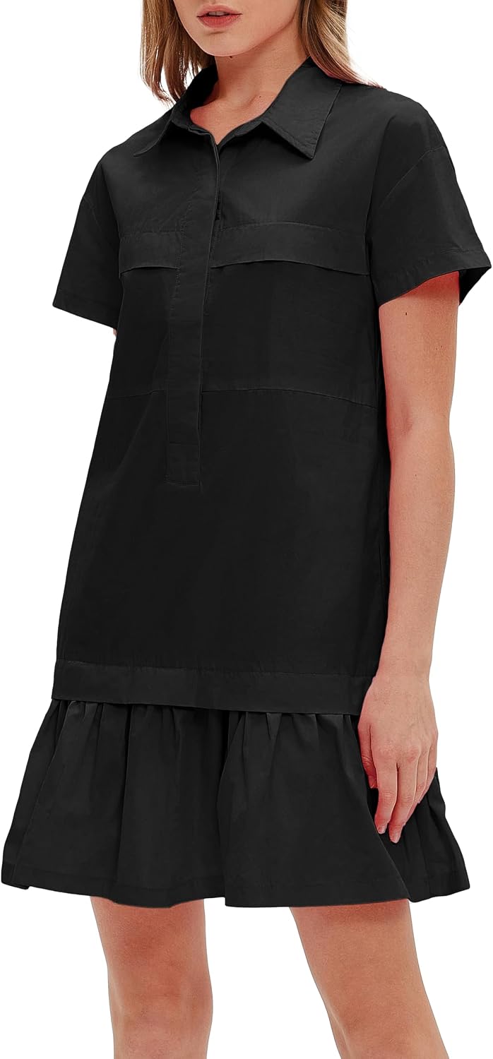 YEXPINE Women's Drop Waist Ruffle Hem Shirt Mini Dress Short Sleeve Button Down Tunic Dress with Pockets image 2