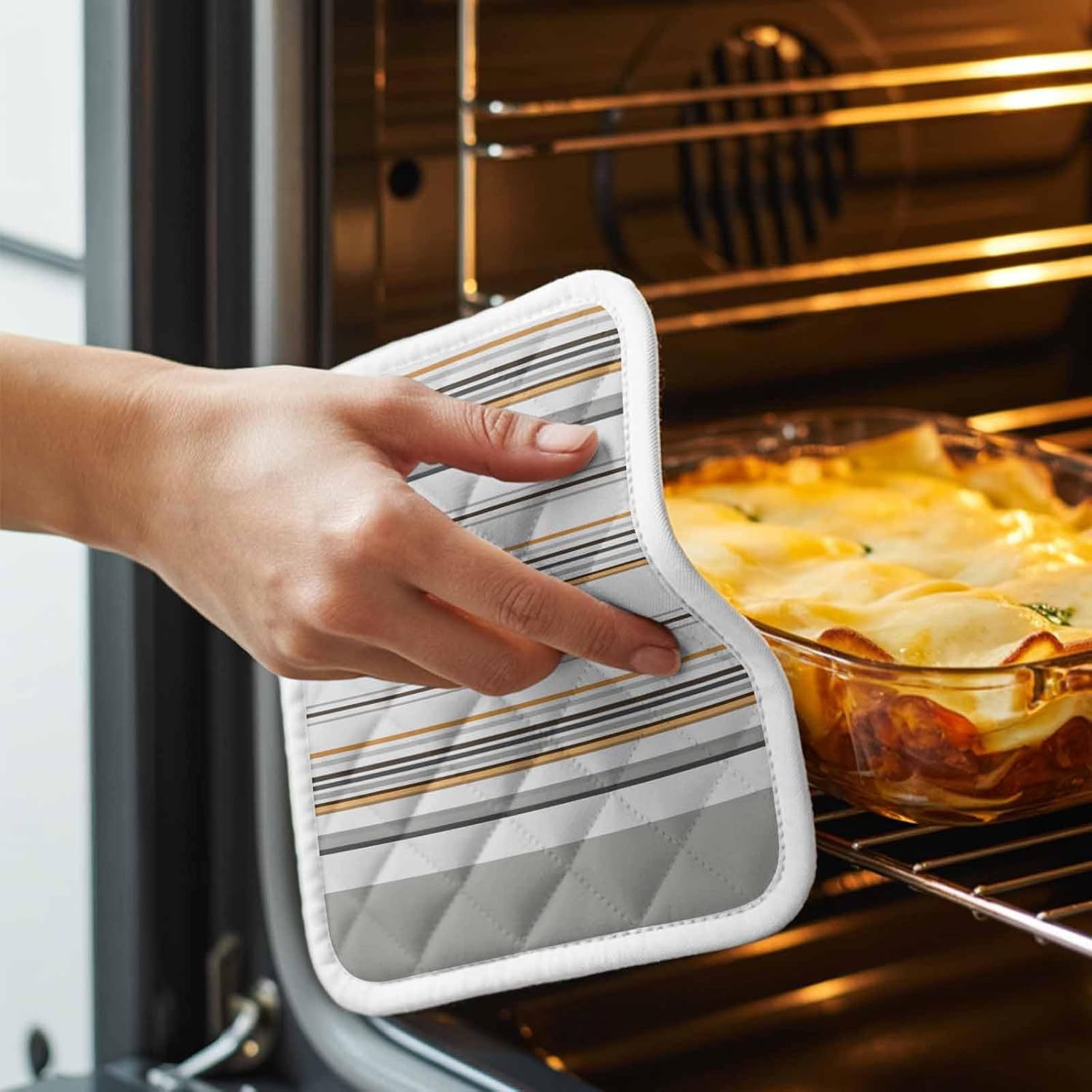 5 Pack Pot Holders for Kitchen, Grey Orange Thin Line Hot Pads for Kitchen Countertops Oven Pot Holder Bulk, Geometric Gray Stripes Heat Insulation Potholders with Hanging Loops