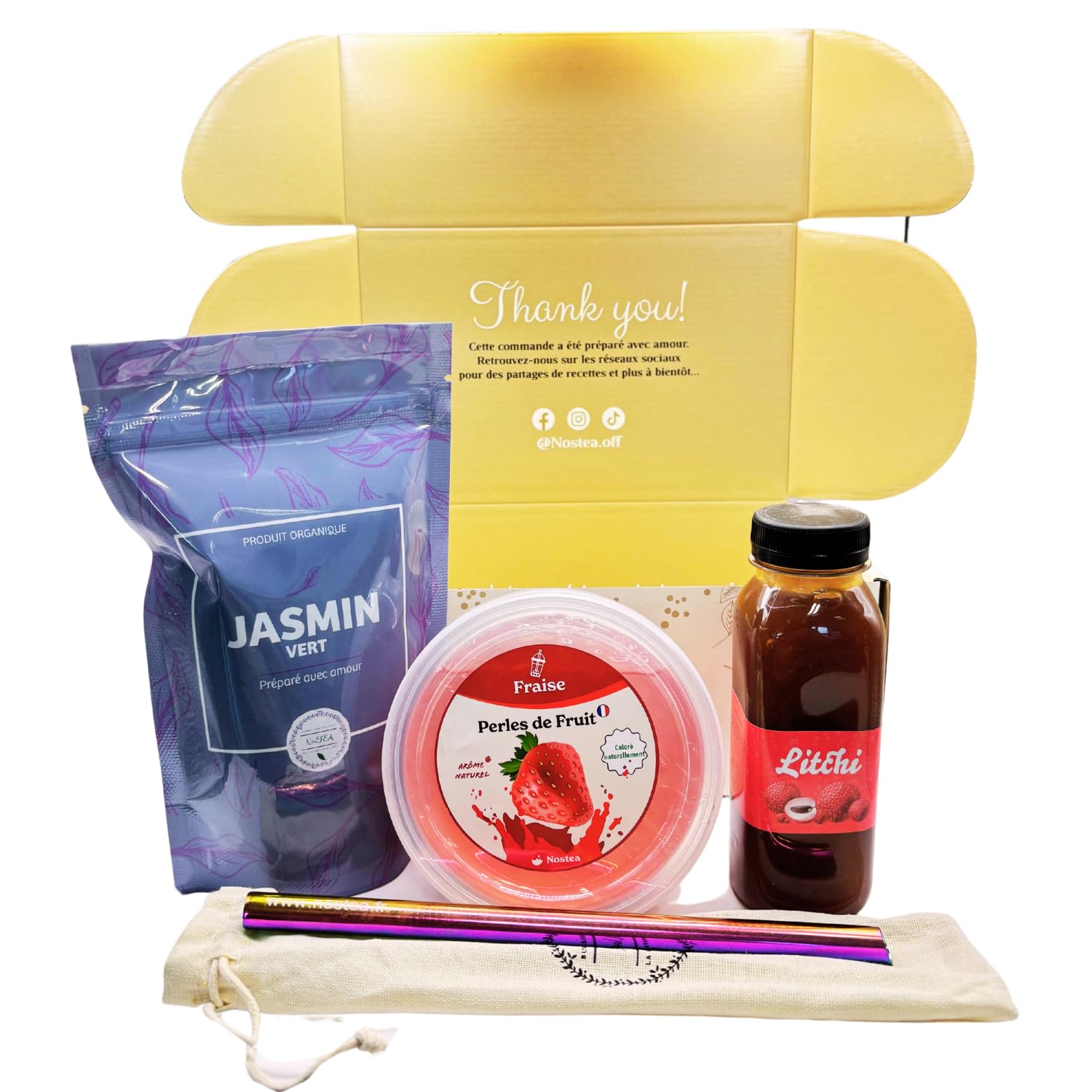 Nostea - Kit à Bubble Tea - Thé Vert Jasmin - Avec Sirop Litchi+ Perles Fraise et Paille Réutilisable - 100% Vegan, Sans Colorants Artificiels - Pour Plus de 10 Bubble Tea