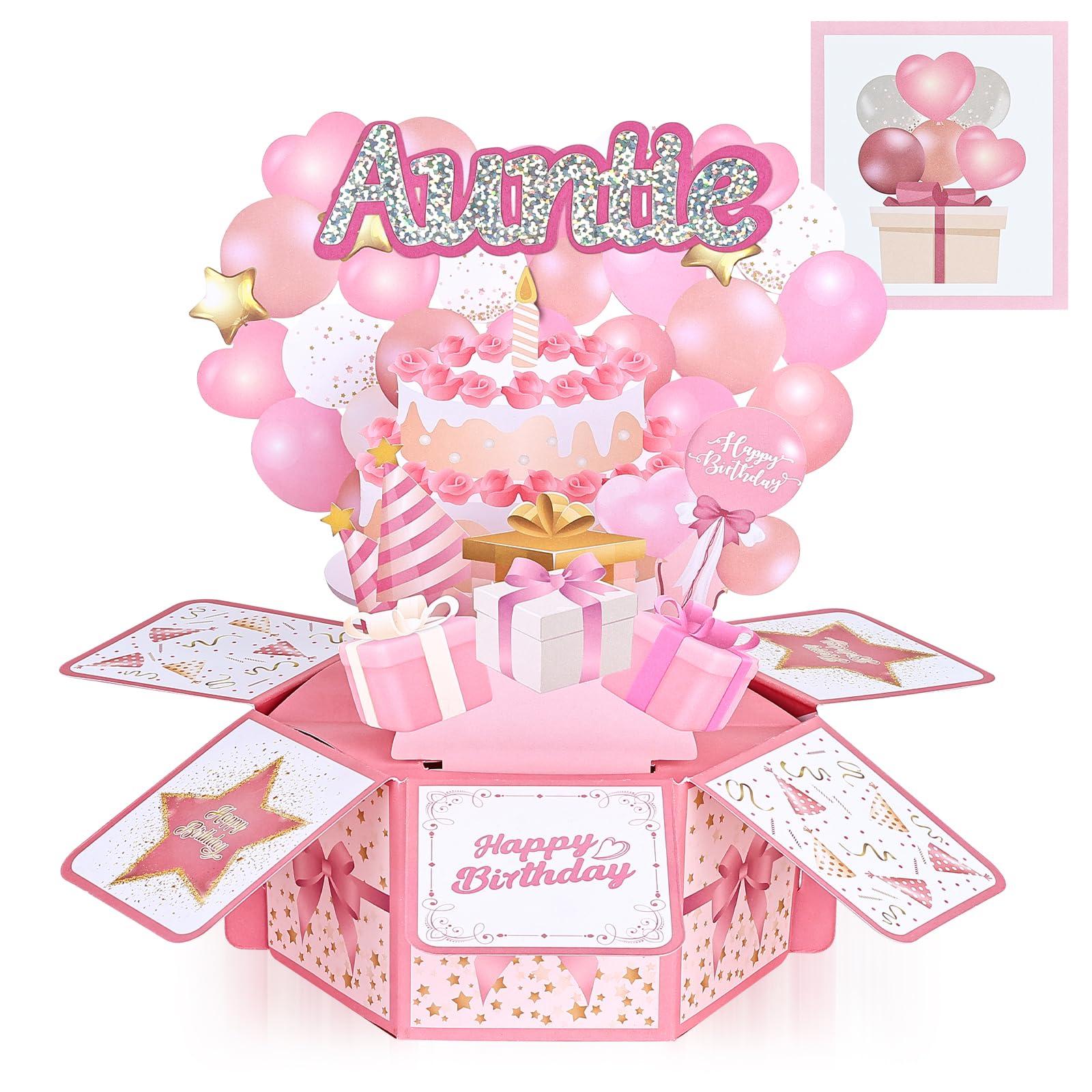 Joyoldelf Auntie Birthday Card, 3D Pop Up Happy Birthday Card for Auntie, Pink Sweet Cake & Balloon Design, Personalised Gift for Auntie, Includes Envelope & Sticky Note, Keepsake for Her