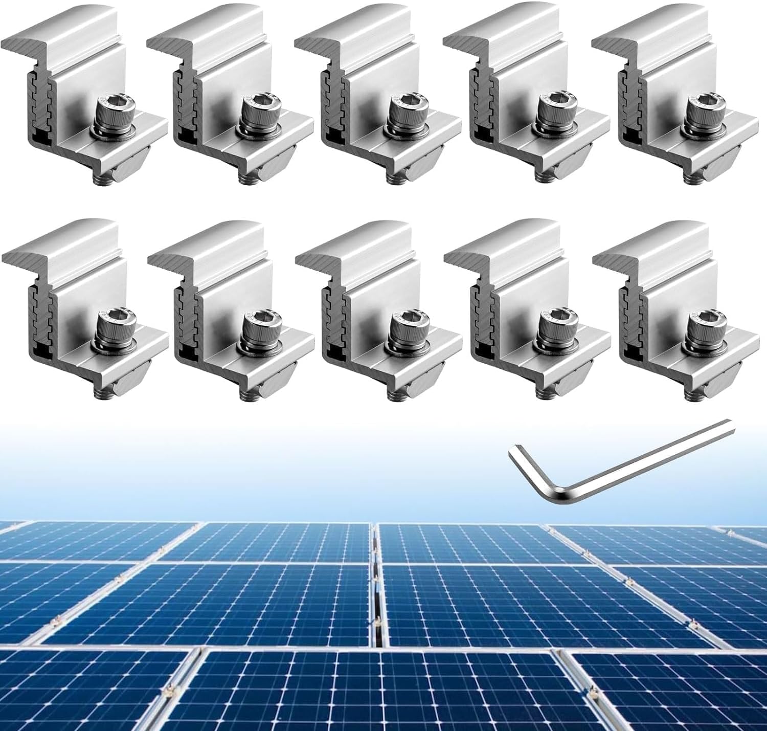Anbte Solar Panel Mounting Brackets 30-50mm Adjustable, 10pcs Aluminum Solar Panel End Clamp Include 10*Screw M8 and 1*Wrench, Solar Mount Kit for Metal Roof, Tin Roof, Flat Roof, Sheet Roof, Silver
