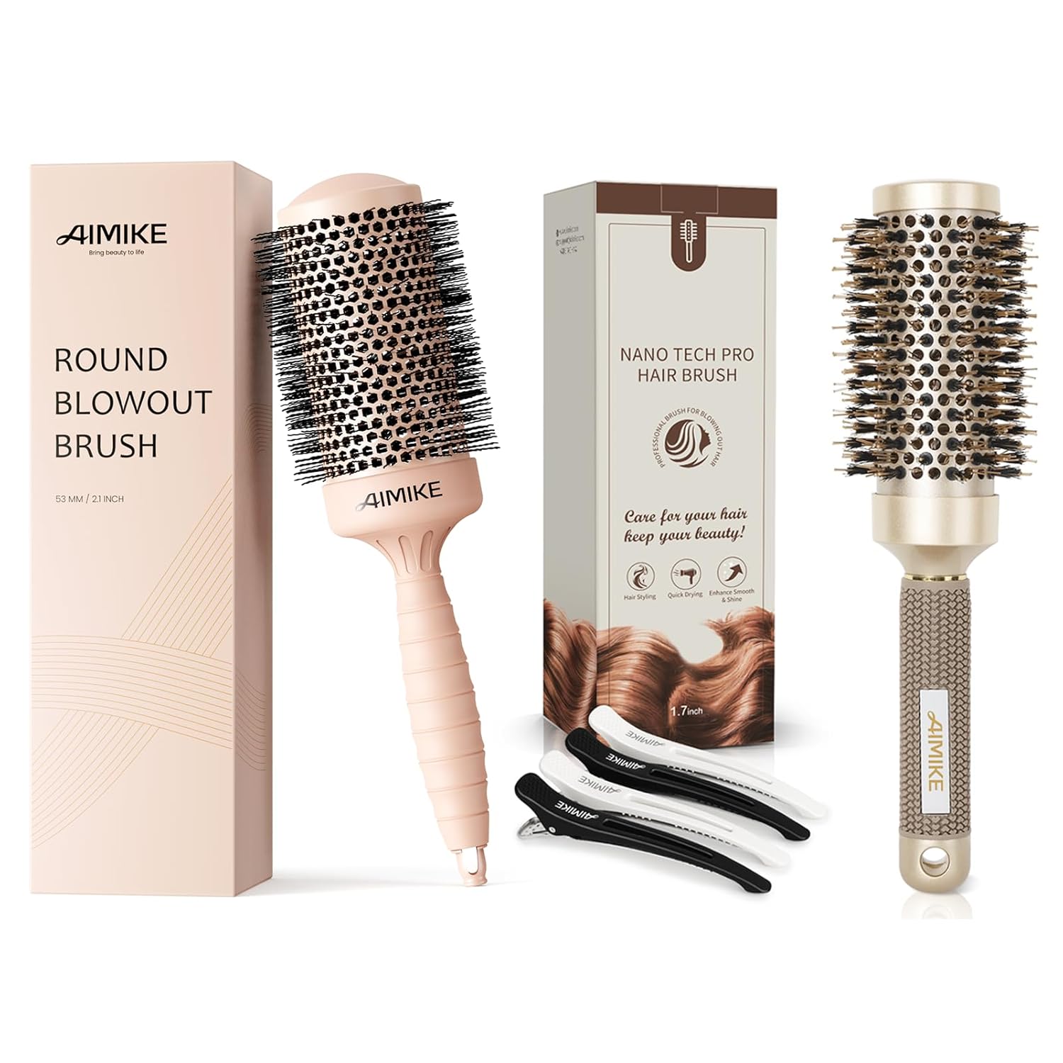 AIMIKE Round Brush for Blow Out, Round Hair Brush Set w/Nano Ion Thermal Ceramic Tech, Professional Round Brush for Blow Drying & Styling, Maximum Volume and Shine, Barrel 2.1 inch + 1.7”