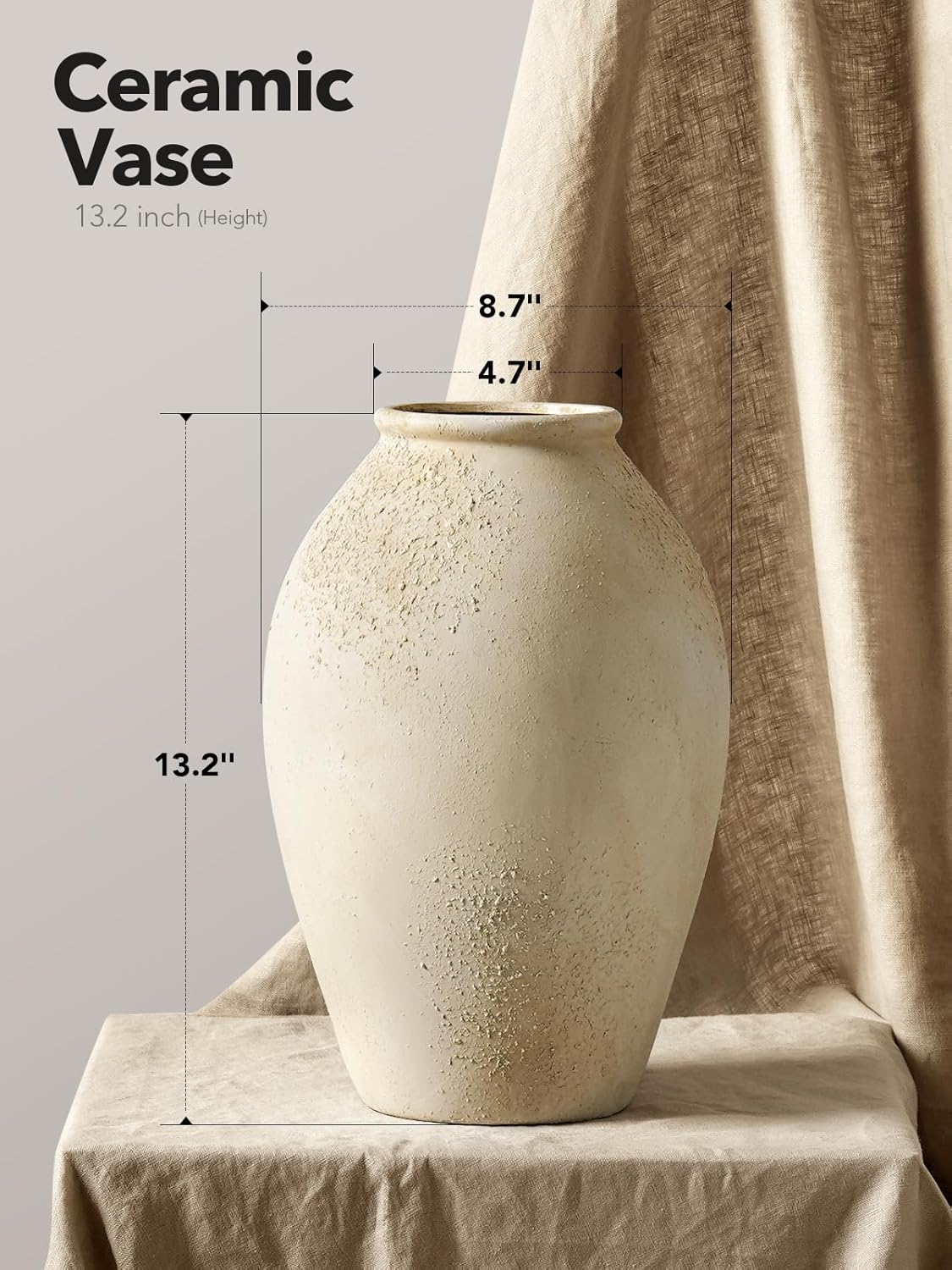 LE TAUCI Ceramic Flower Vase, 13.2 Inch Large Rustic Farmhouse Vase, Tall Floor Vase for Home Decor, Living Room Table & Mantel Centerpiece, Watertight & Sturdy, Matte Sandy Beige White - Image 2