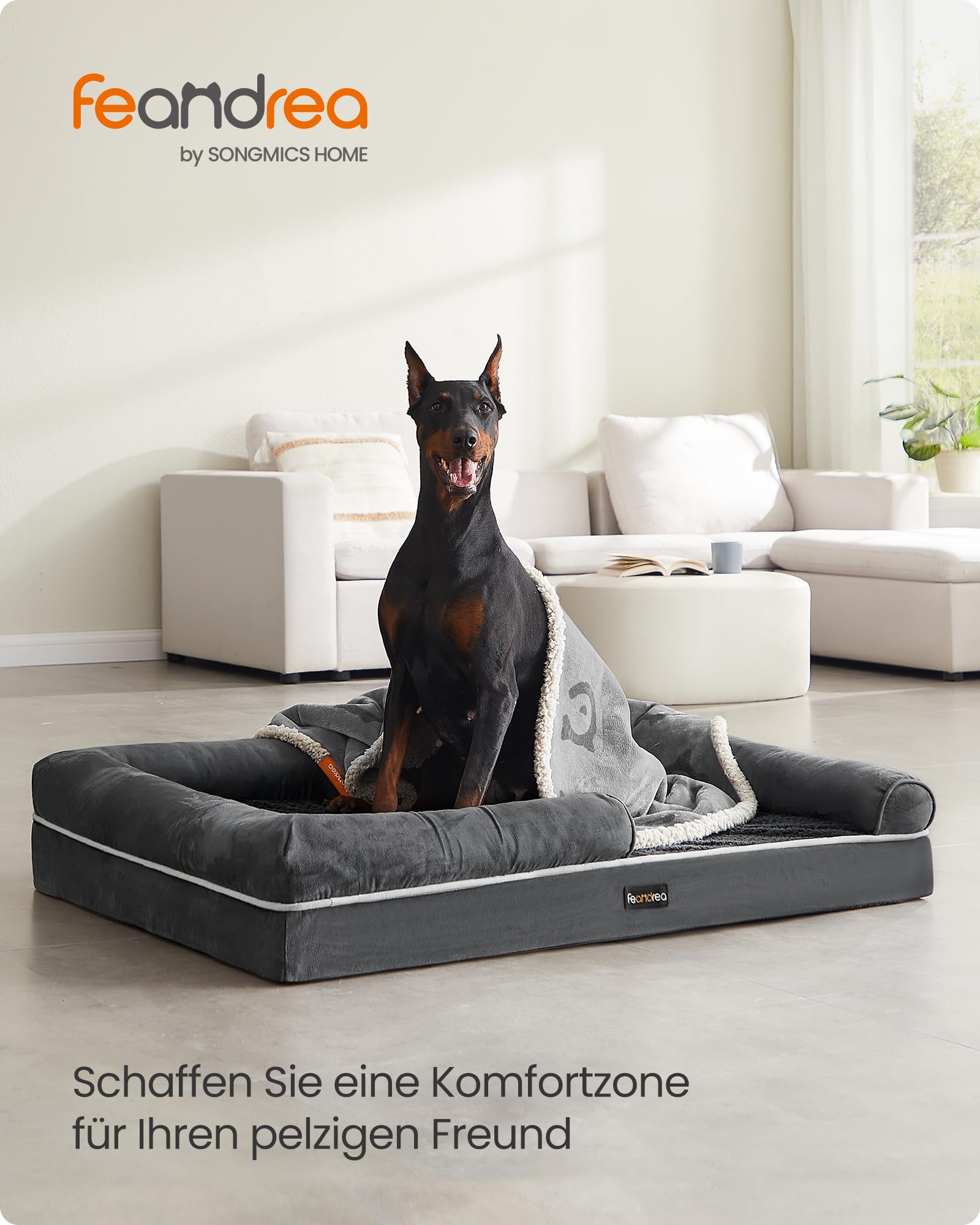 Feandrea Orthopädisches Hundebett, Hundekissen, Hundekorb, weiche Polsterung, Hundesofa, erhöhte Ränder, Bezug abnehmbar und waschbar, 120 x 85 x 18 cm, rutschfeste Unterseite, dunkelgrau PGW078G01V1