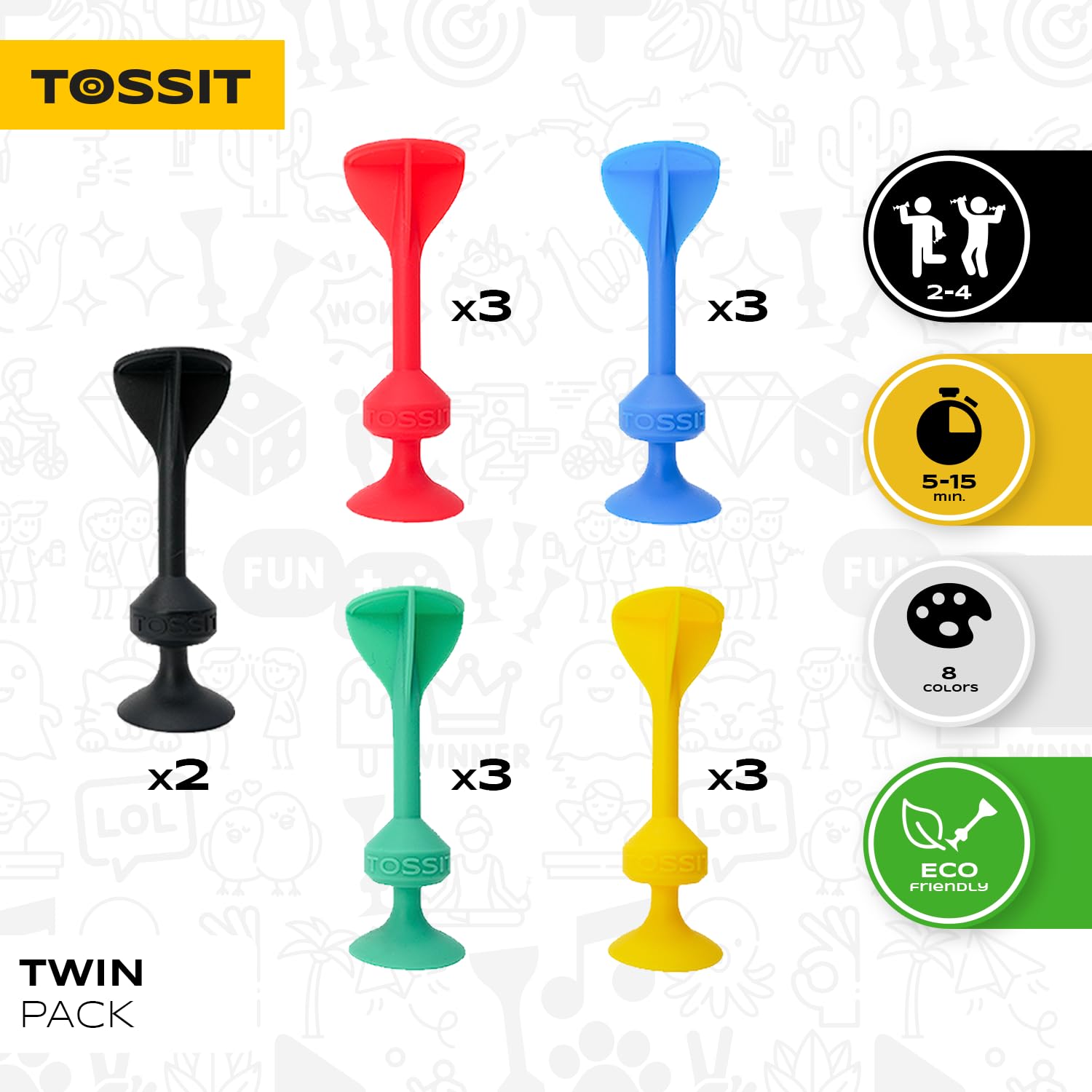 TOSSIT Juego Dardos de Silicona Ventosa - Juega con Familia y Amigos, Modos Petanca o Bocha y más! Ideal Interior Exterior, Diversión Portatil Todas Las Edades! Twin Pack