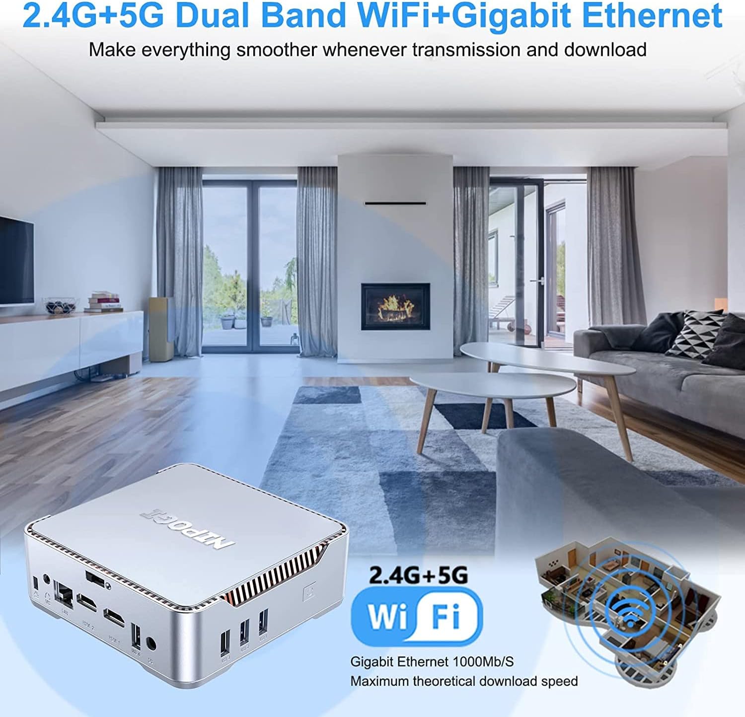NiPoGi Mini PC with dual band WiFi and Gigabit Ethernet