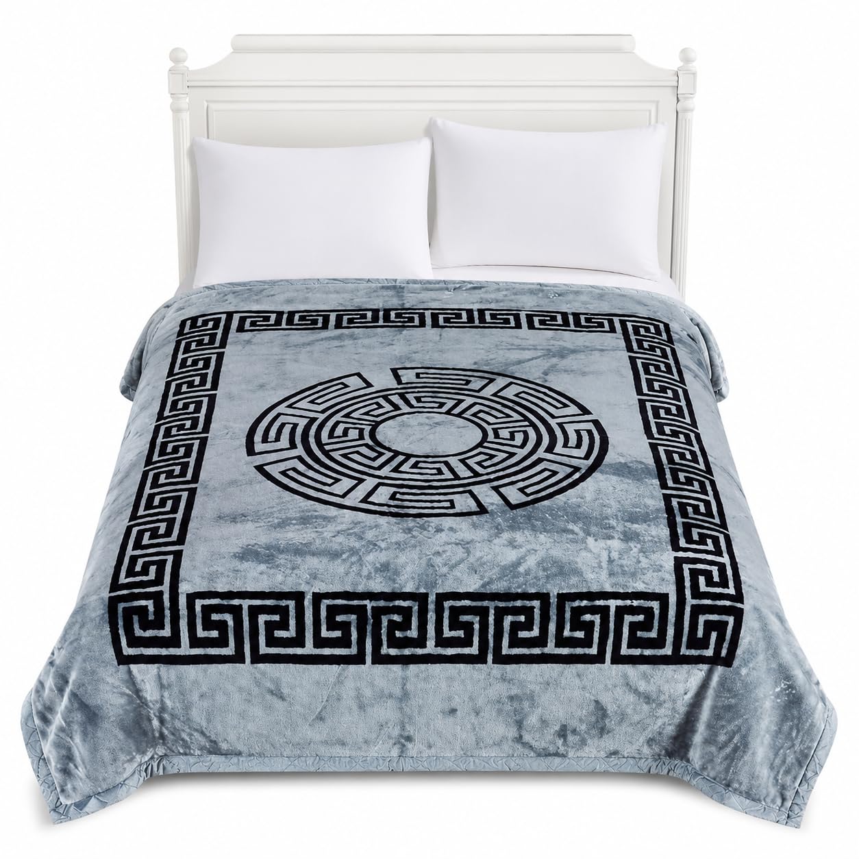 StylemyBedroom Large Warm Thermal Soft Velvet Faux Fur Mink Throw Fleece Blanket Greek Border Design (Grey Black,King (200 x 240cm))