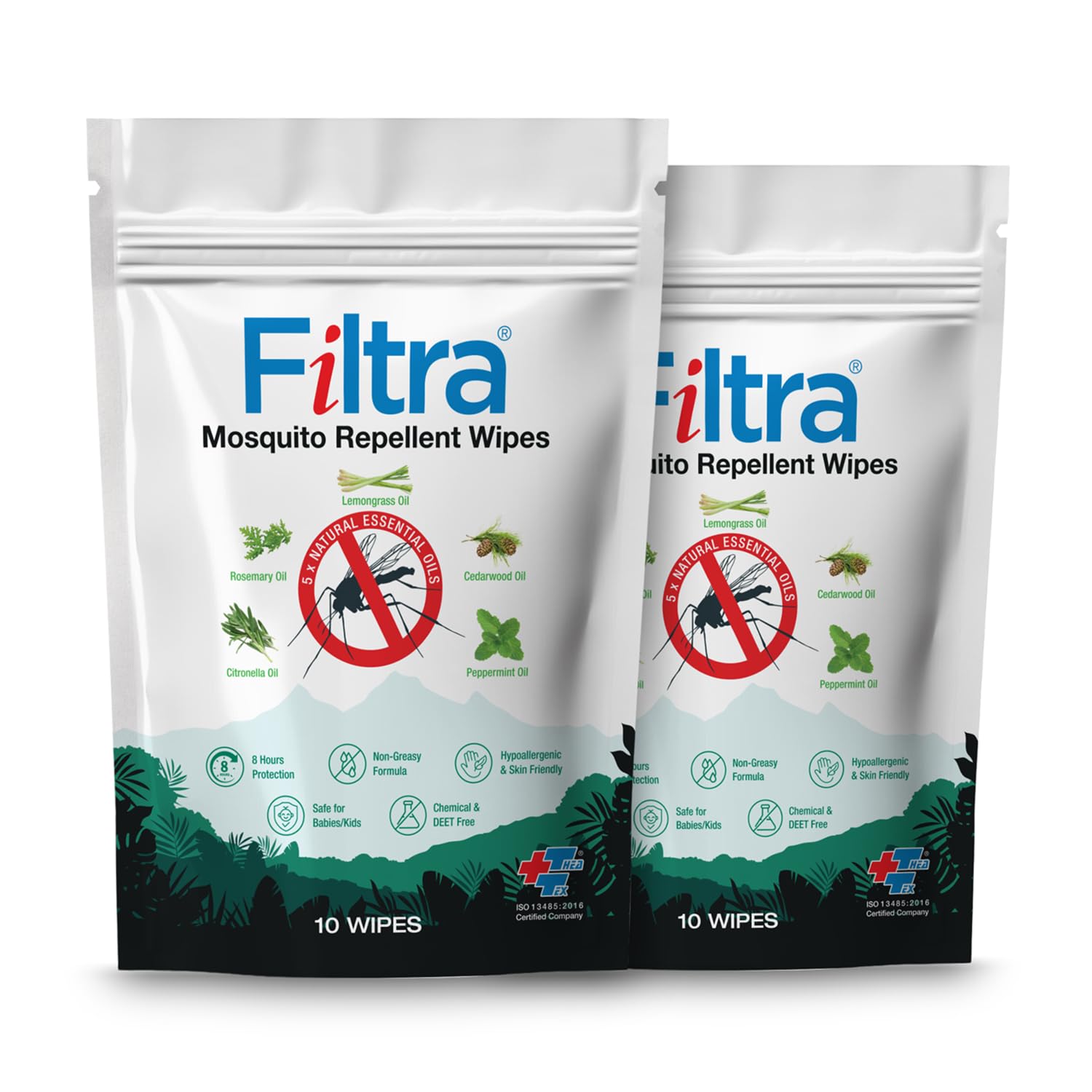 Filtra® Mosquito Repellent Wipes | 5 x Plant Based Natural Essential Oils | Deet/Chemical Free | Extra Thick, Soft & Large | Non Greasy or Sticky | 8 Hours Protection | Safe for Babies, Kids & Adults | Stay Fresh Zip Lock Pouch (2 Packs (20 Wipes Total, 10 Wipes per Pack))