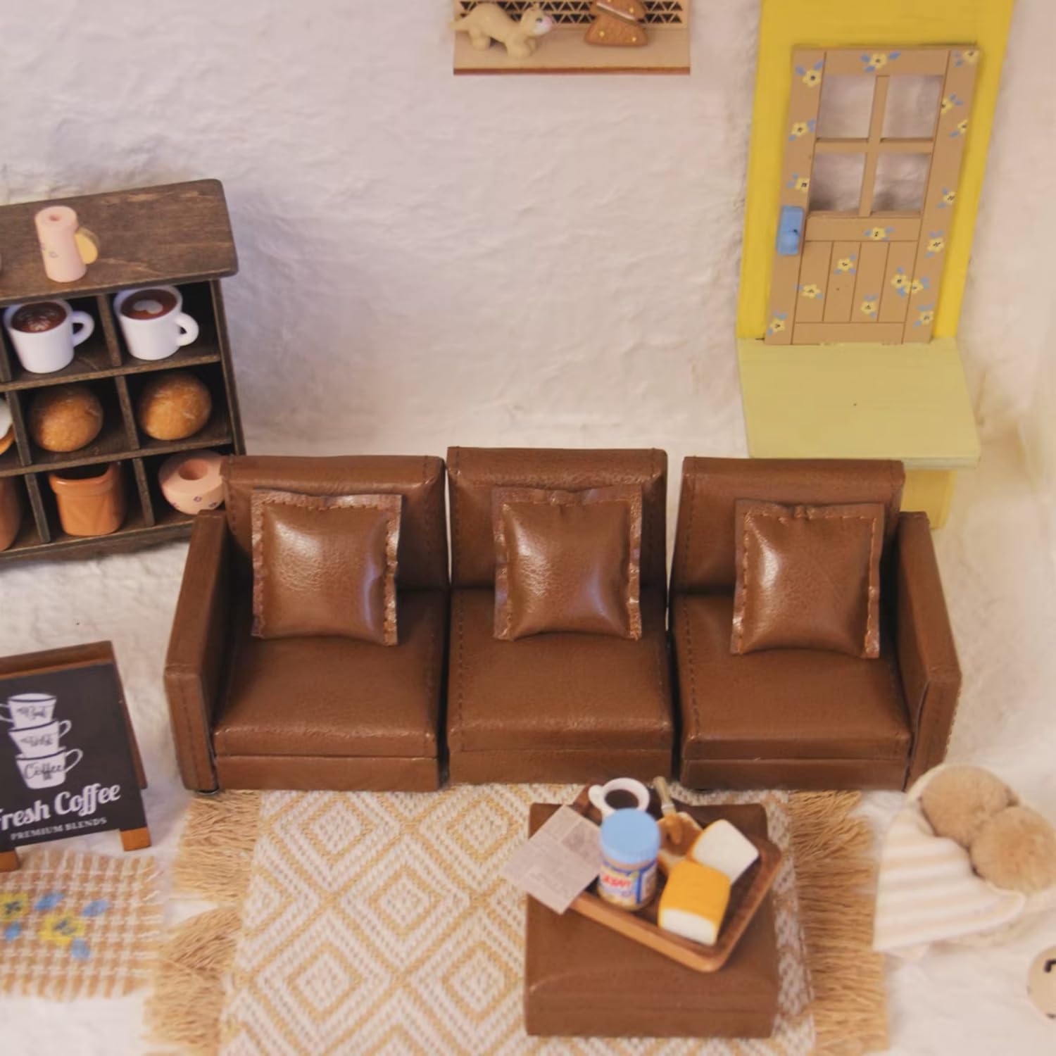 1:12 Scale Modular Detachable Miniature Sofa Set with Ottoman Brown PU Leather Sectional Dollhouse Couch, Flexible Layout Furniture Fits 6-9 Inch Dolls & 1/12 BJD Dolls for Doll Living Room Decor